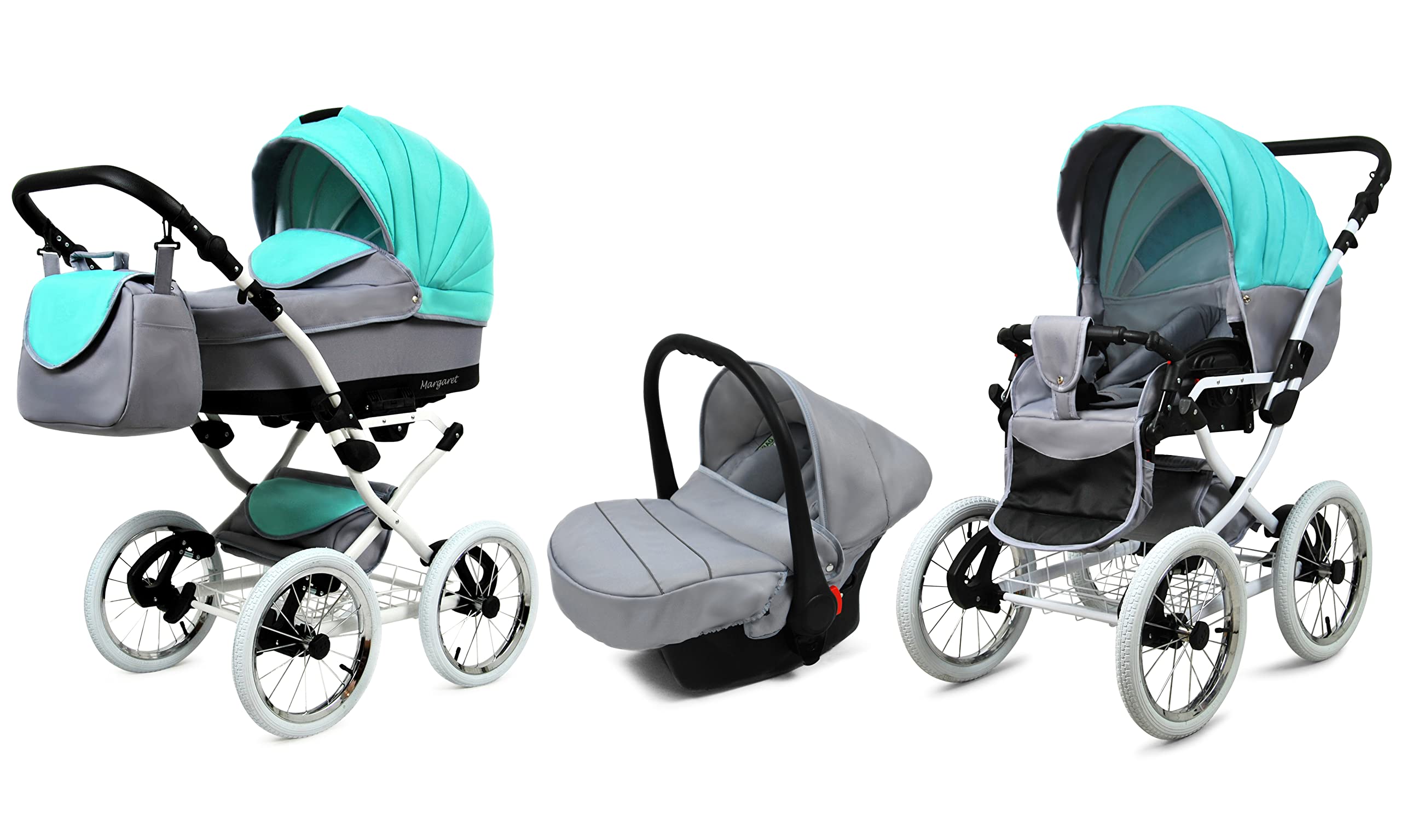 BabyLux Margaret White 3w1 System Podróżny dla Dziecka Retro Wózek + Spacerówka + Fotel Samochodowy z Akcesoriami, Folia Przeciwdeszczowa, Koła 14" Pompowane Mint