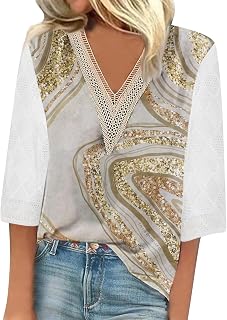 Women Causal Shirts 2023 Fall Lace Blouse Color Print Pullover Tops V Neck 3/4 Sleeve Blouse Fashion Graphic Top Laides Loose Plus Size Shirts Women Autumn Elegant Trendy Blouse Women Fit Tops