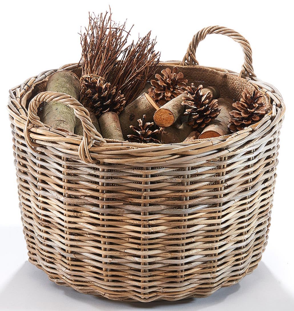 Kobolo Rattankorb Holzkorb für Kaminholz - rund - Rattan kubu grau - 34x50 cm