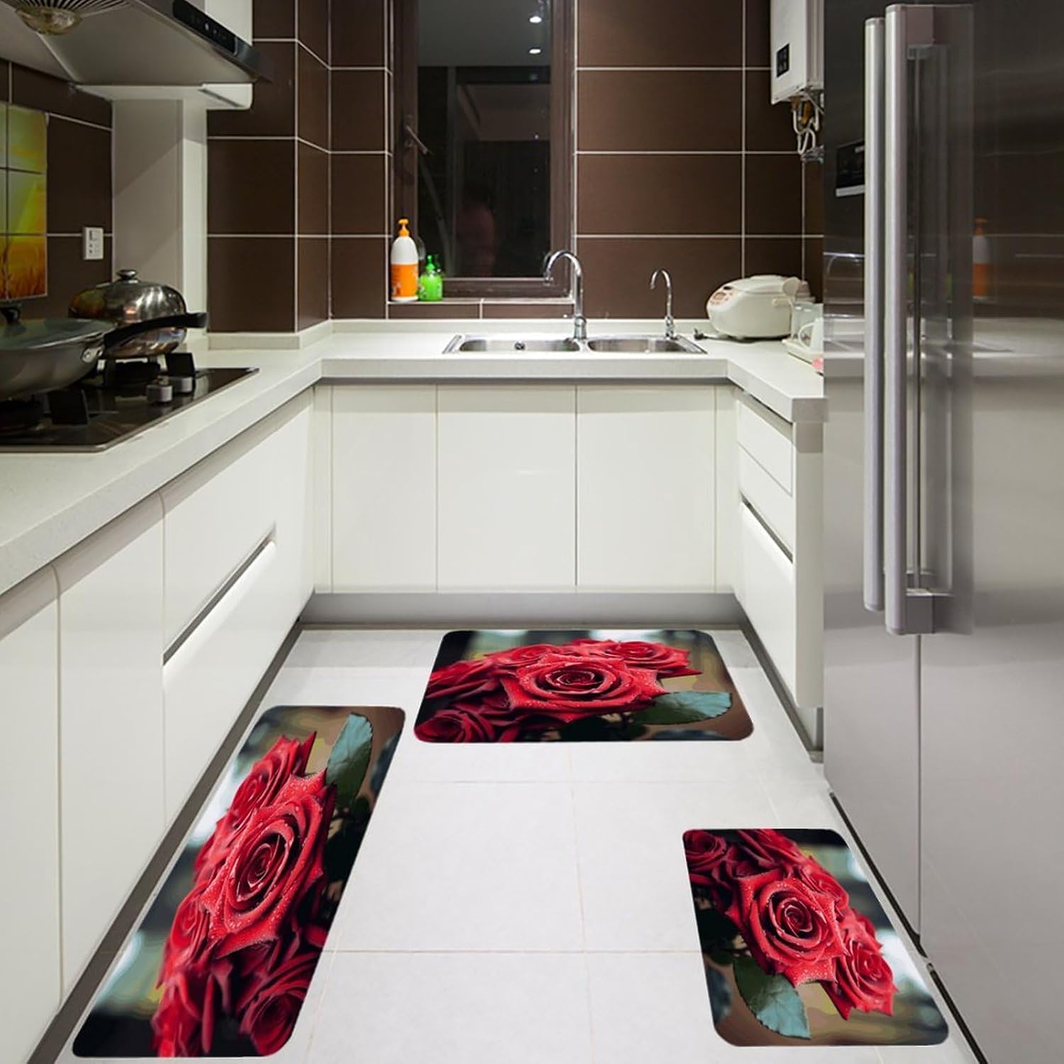 Beautiful Red Rose Kitchen Rugs Sets of 3 Washable Non Slip Kitchen Rug Water Resistant Carpet Piece Anti Fatigue Kitchen Mats Soft Comfort Standing Mat Modern Area Rug