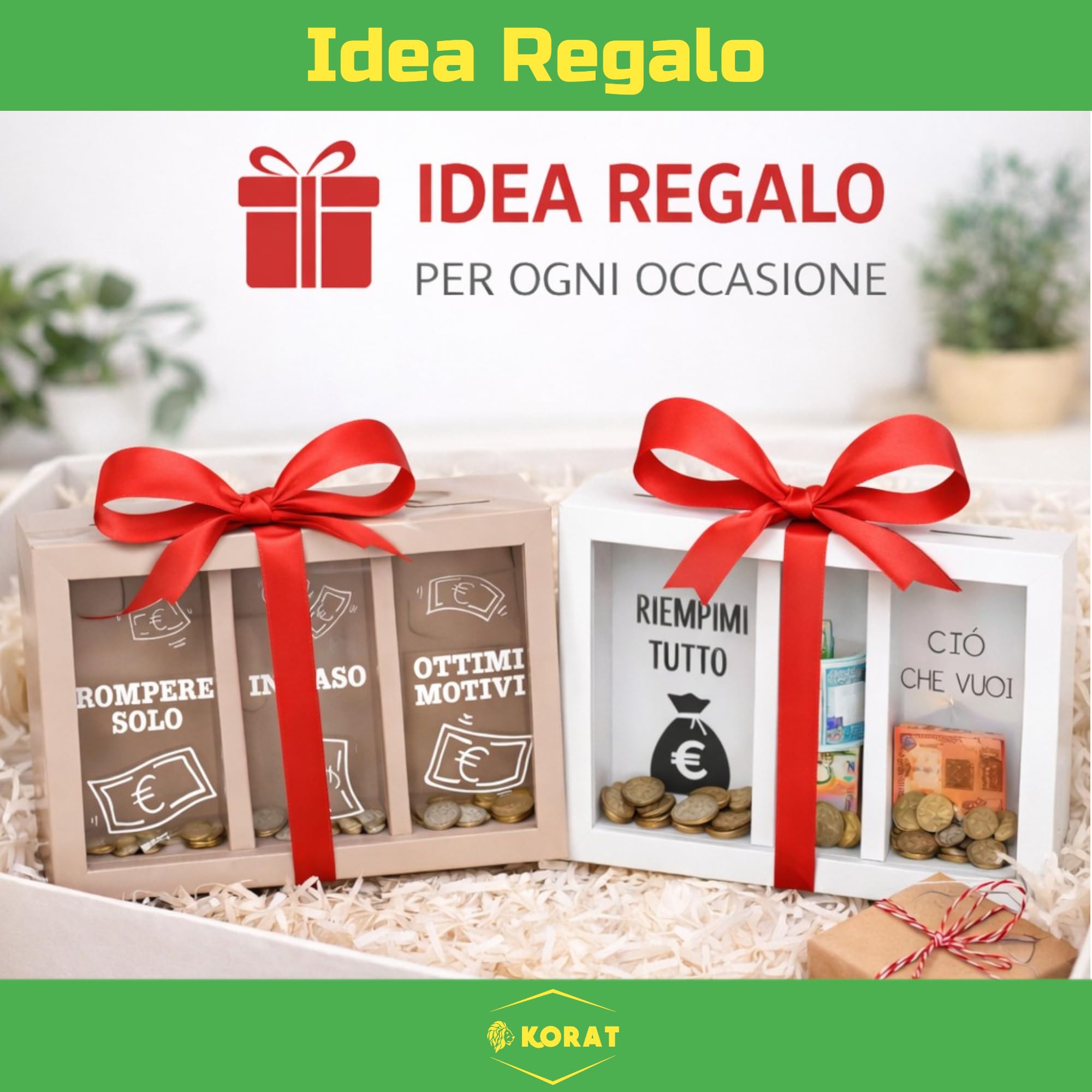 KORAT - Salvadanaio in MDF a 3 Scomparti con Frontale Trasparente – Scatola Risparmio Divertente per Monete e Banconote, Idea Regalo Originale, Organizer Scrivania 23x14,5x h. 5,5 cm