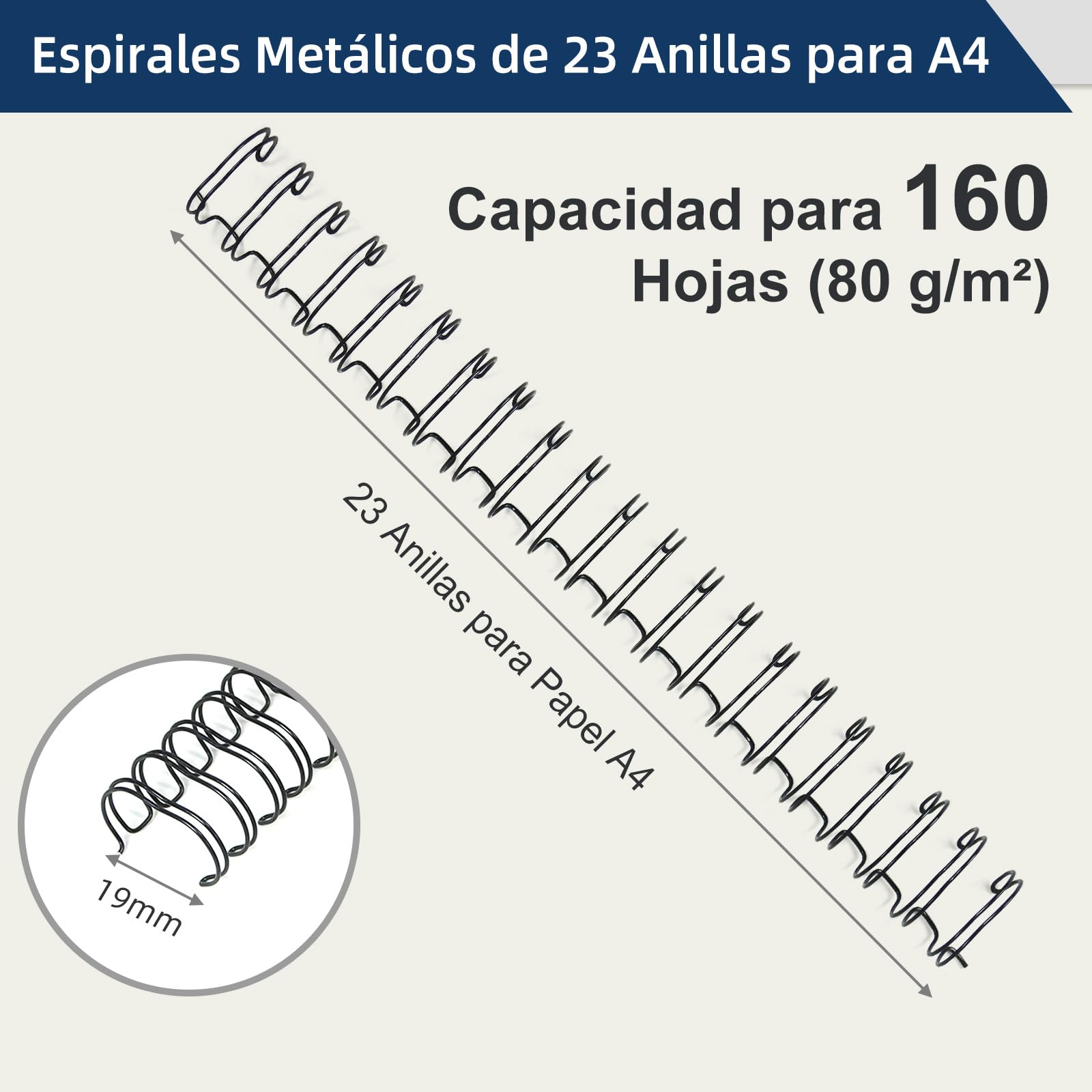RAYSON Espinillas de alambre con 23 anillas para encuadernación, 160 hojas, separación 2:1, 19 mm, A4, negro, paquete de 50
