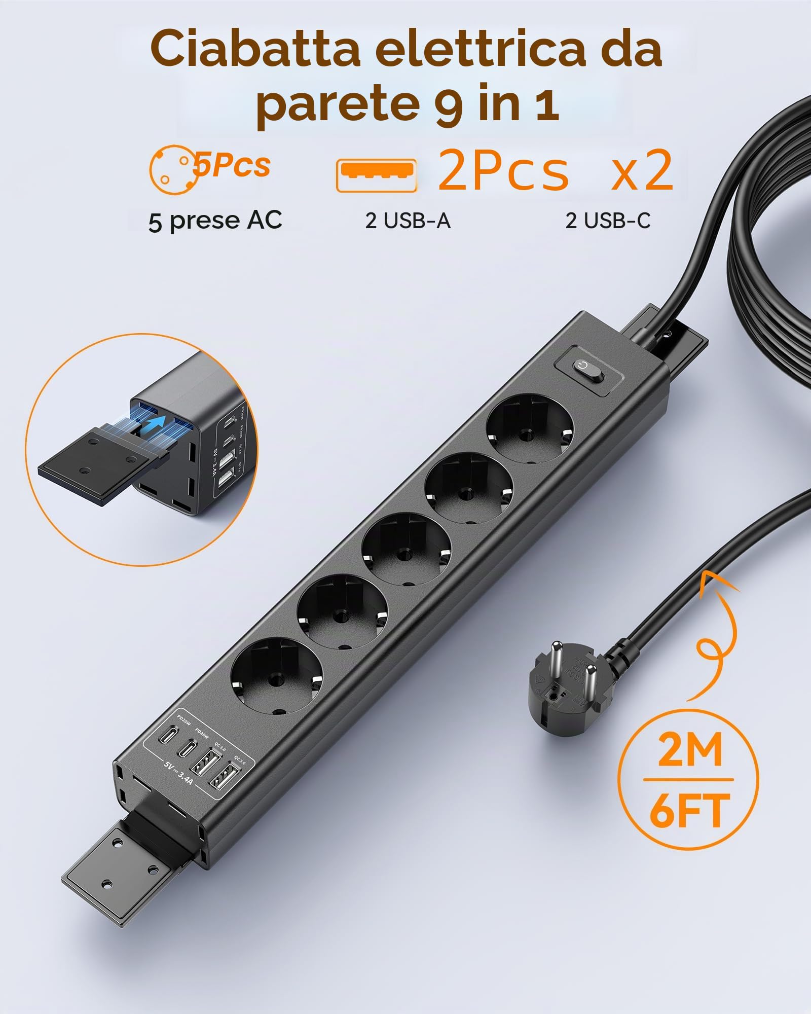 Ciabatta elettrica montabile a 360° con 4 porte USB (2 x USB-C), cavo di prolunga da 2 m, ciabatta avvitabile per parete, scrivania, angolo e montaggio sottopiano