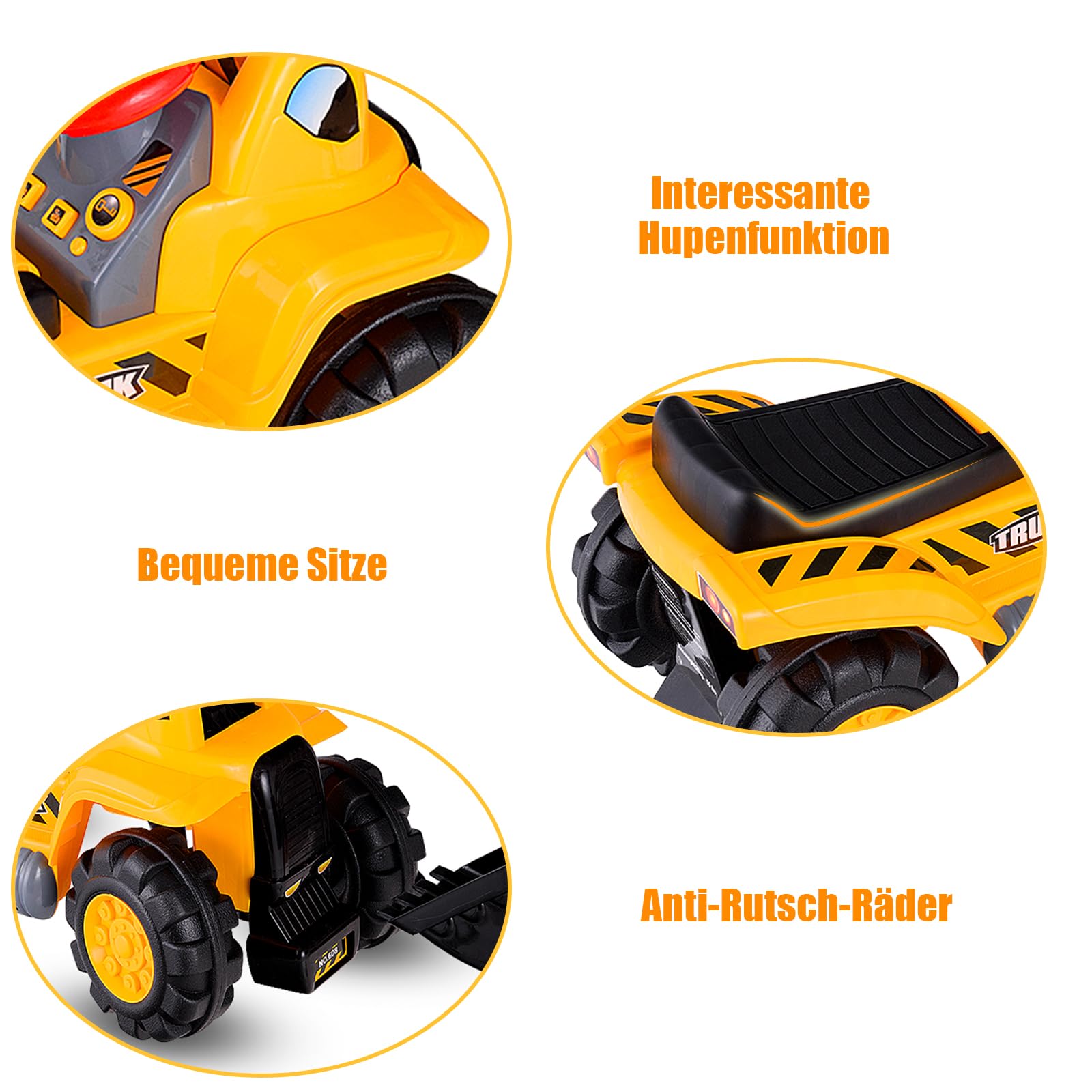SOARS Sitzbagger, Aufsitzbagger mit Stauraum unter dem Sitz, Kinderbagger mit Horn & Soundeffekten, Sandkasten Bagger mit Verstellbarer Schaufel, inkl. Helm & 3 Spielzeug Stein