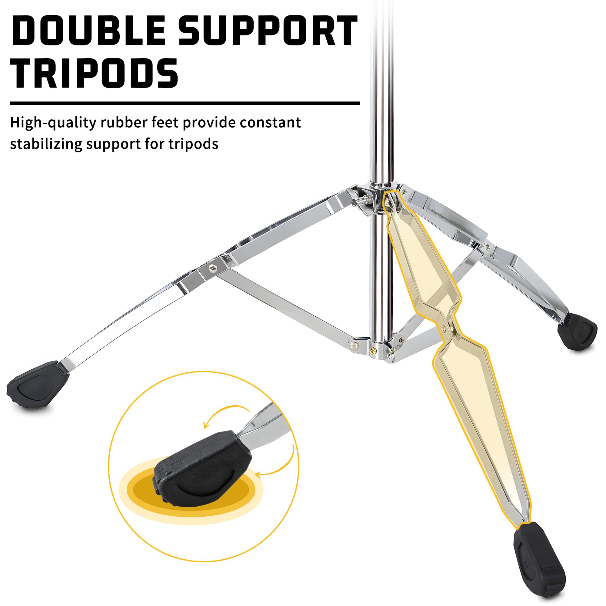 AKOZLIN Supporto per tamburi a sbalzo, supporto per piatti con gancio, regolabile in altezza da 84 a 115 cm, treppiede doppio rinforzato, cromo