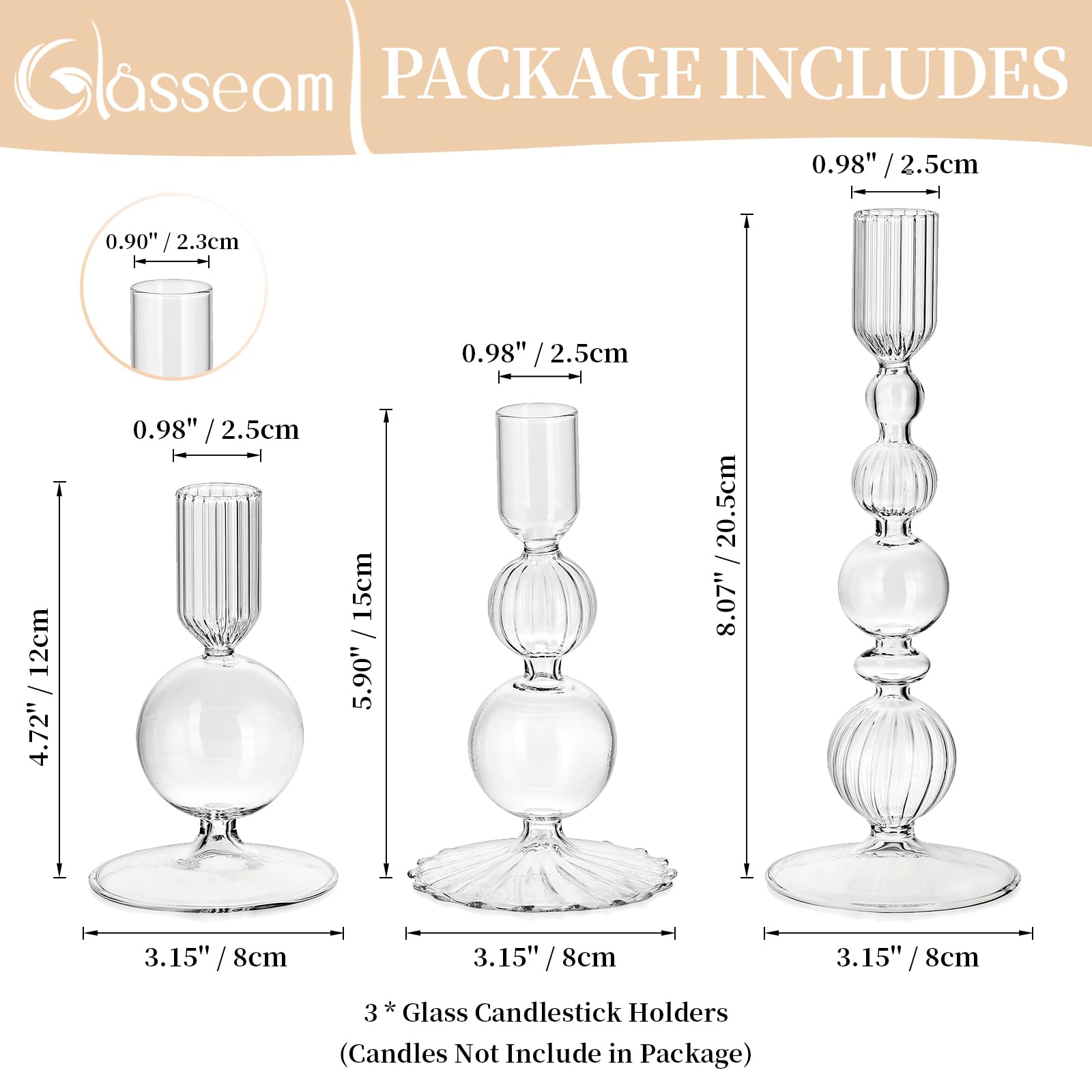 Glasseam Bougeoir en verre : lot de 3 bougeoirs modernes transparents pour bougies coniques, bougeoirs décoratifs pour centre de table, fête de mariage, décorations de Noël