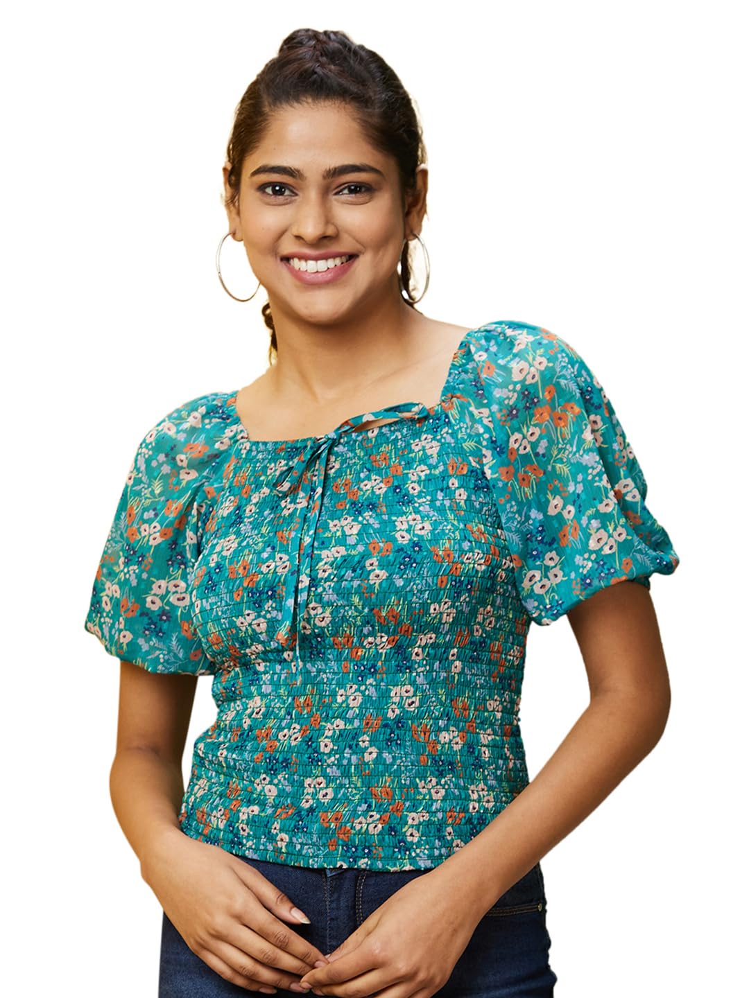globus Women Green Printed Casual Square Neck Top-picture-26
