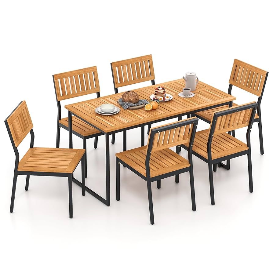 Lacoo 7pc Outdoor Patio Furniture Dining Set With PE Rattan Wicker, Acacia Wood Tabletop And Cushioned Chairs