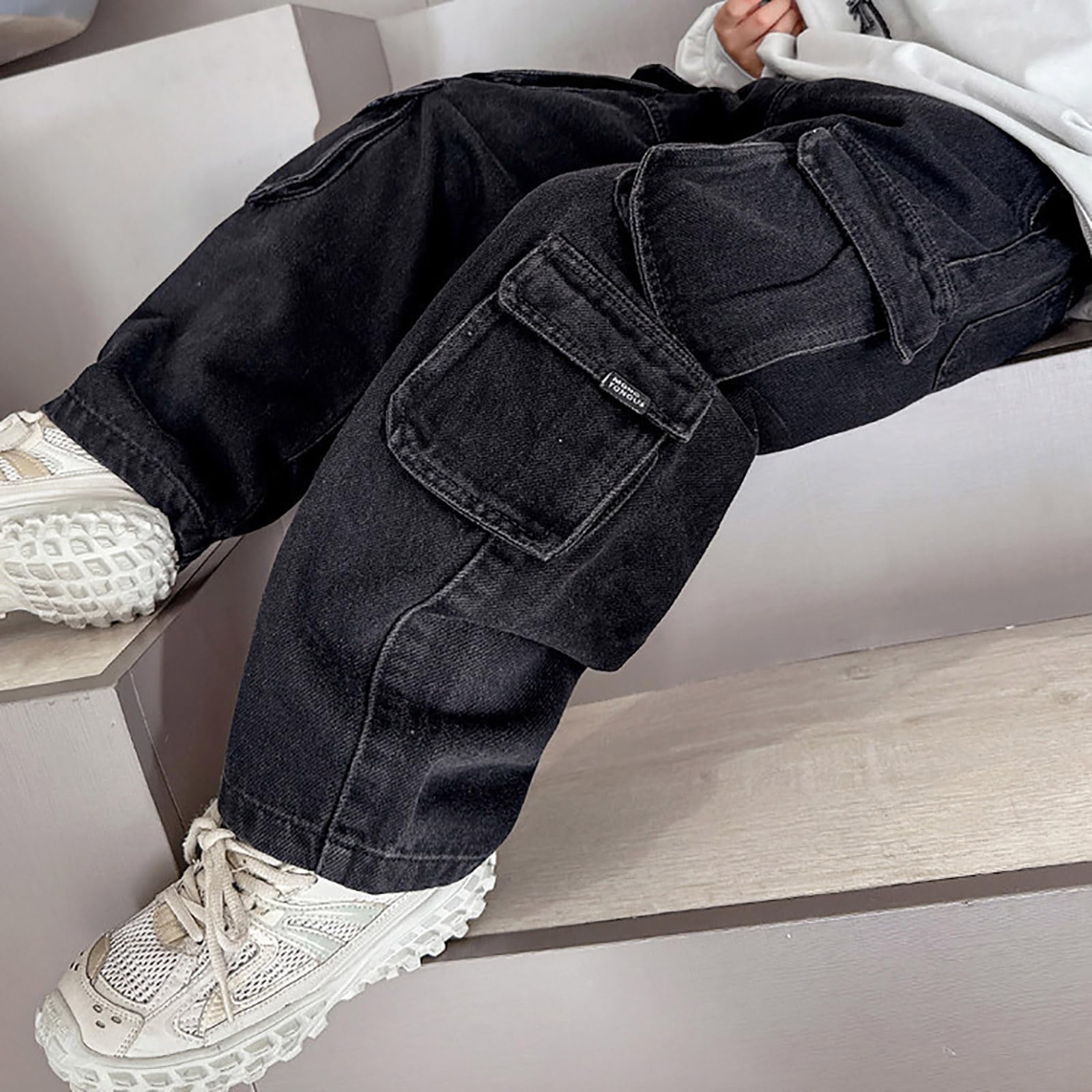 Pantalones Cargo Vaqueros Pierna Ancha para Niños Denim Lavado Desgastado con Bolsillos Grandes Pantalones Holgados Resistentes para Viajes Excursiones Familiares Multifuncional Tallas Completas