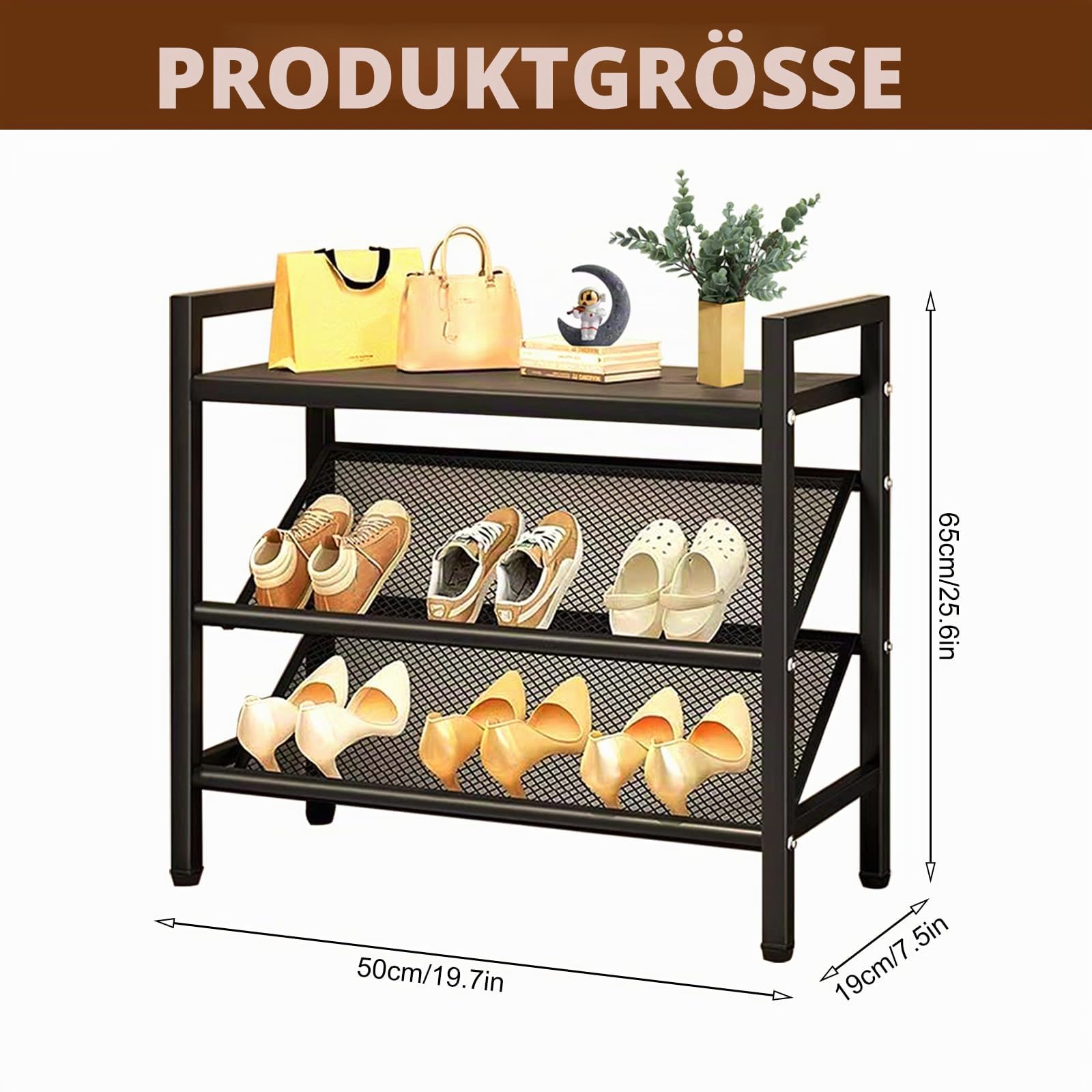Kompaktes Schuhregal, Schrägtes 3 Ebenen, Schuhschrank Schmal, Schuhständer aus Metall, Schuhaufbewahrung, Schuh-Organizer, Platzsparend, für Eingangsbereich, Garderobe, Flur, Wohnzimmer, Schwarz