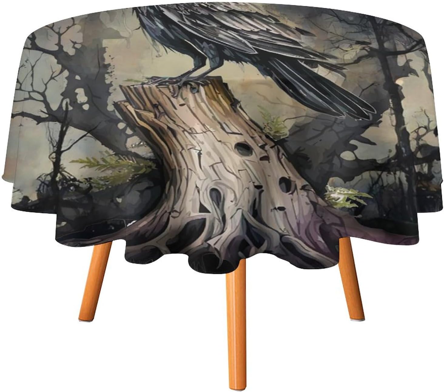 Raven Crow Halloween Round Tablecloths 50x50in Inch for Kitchen Dinning Decor Washable Reusable Watercolor Creepy Crow with Dead Tree and Full Moon Starry Night Table Cloth Round