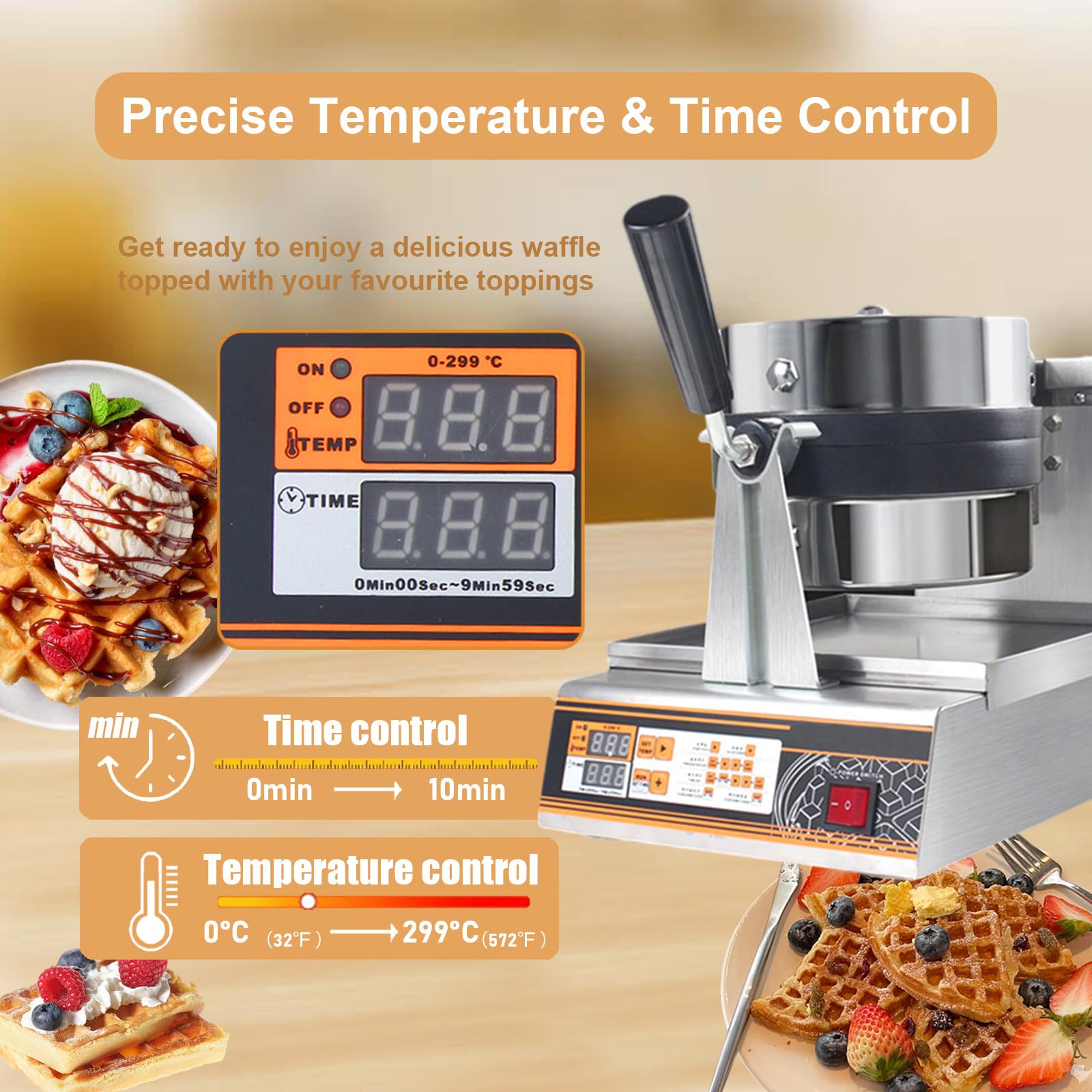 Gofrera Comercial De 1200 W, 0-300 °C Control Digital De Temperatura Y Temporizador De 0 A 10 Min, Gofrera Giratoria, Placas Antiadherentes Extraíbles, Botella Flexible Incluida