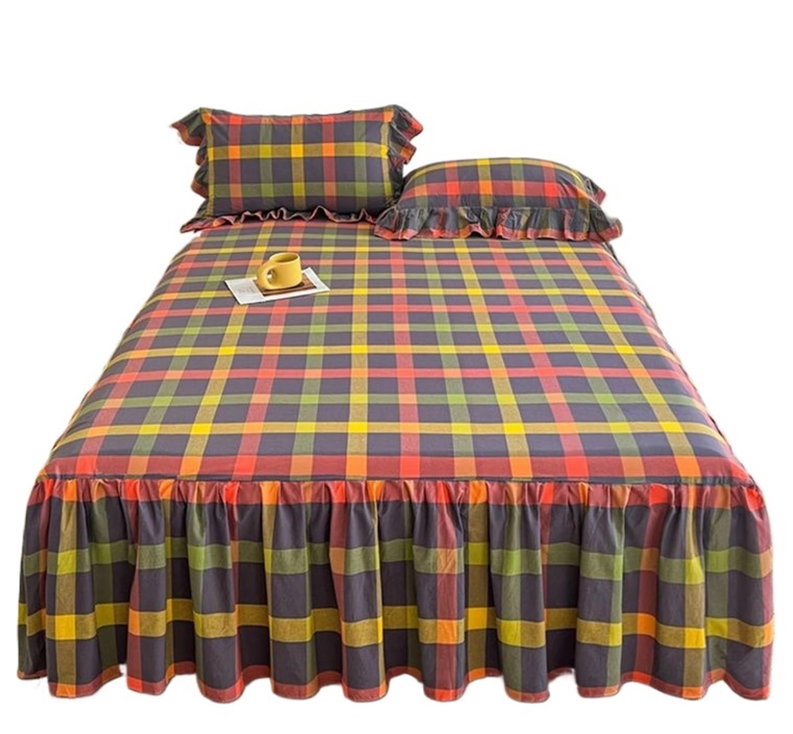 1pc Plaid Ruffles Bed Skirt Soft Single Double Queen King Bedspread With Elastic Band At Four Corners(No Pillowcase)(Khaki,Double 137x200cm 1pc)