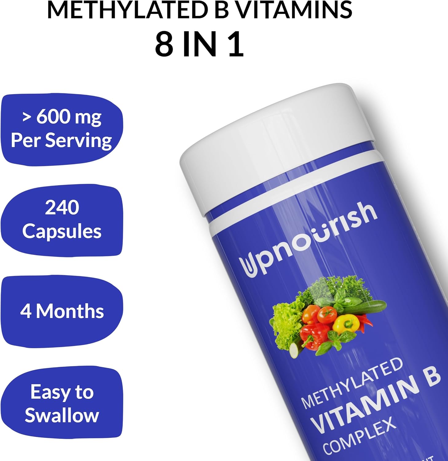 UpNourish Methylated B Complex Vitamins for Women and Men, 240 Veggies Capsules - Active Pure B Complex with Organic Fruits, Vegetables, B1 Thiamine, B2 Riboflavin, B3 Niacin, Folate, Methylcobalamin - Image 2