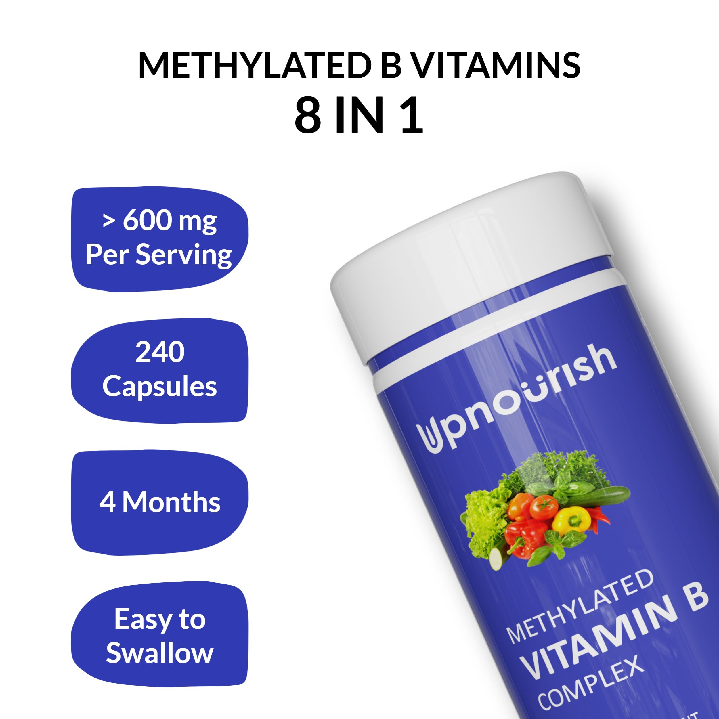 UpNourish Methylated B Complex Vitamins for Women and Men, 240 Veggies Capsules - Active Pure B Complex with Organic Fruits, Vegetables, B1 Thiamine, B2 Riboflavin, B3 Niacin, Folate, Methylcobalamin — Amazon image 2
