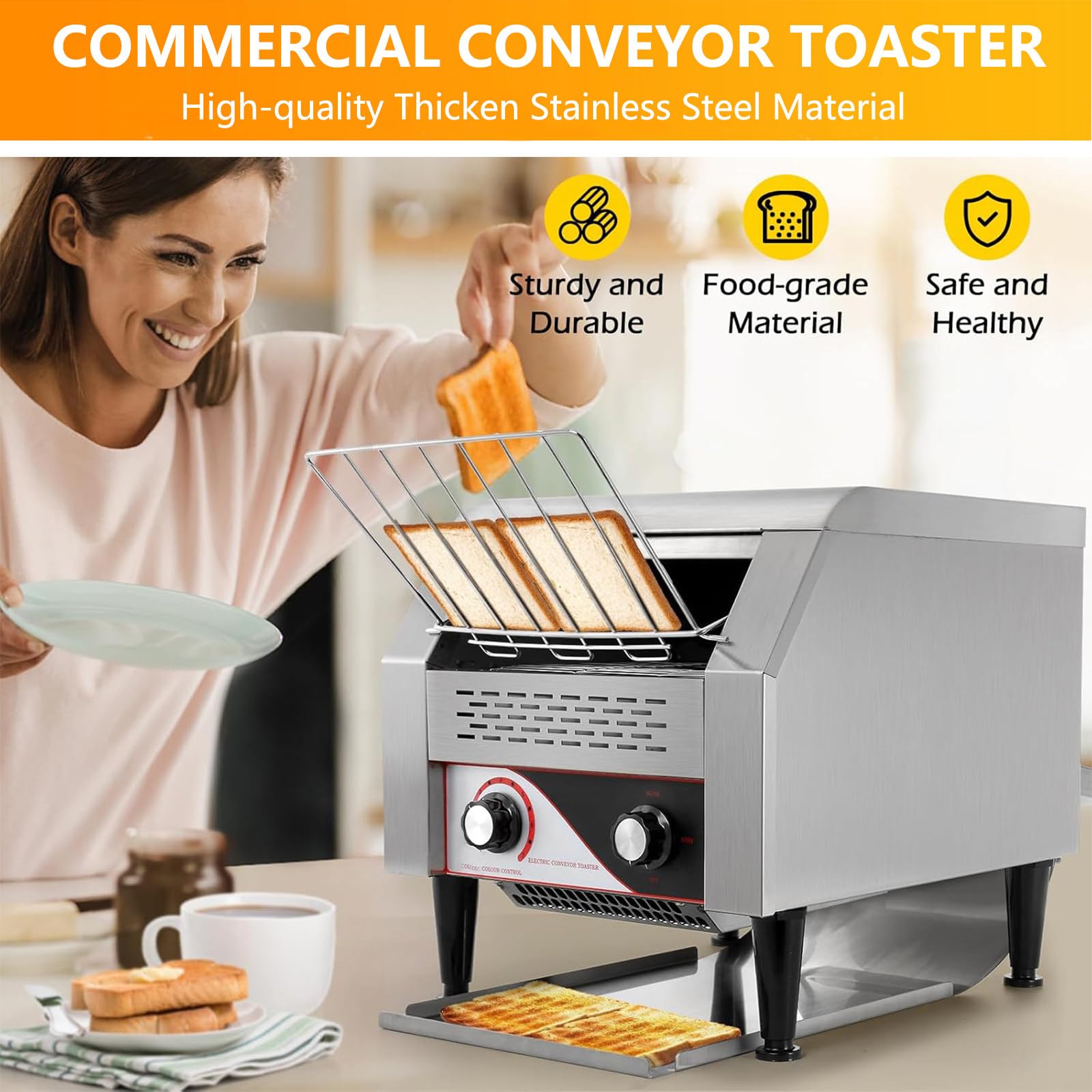 Tostadora Comercial de 150 Rebanadas por Hora, Tostadora de Acero Inoxidable para Restaurantes, Tostadoras Industriales de Alta Resistencia, para Restaurantes o PanaderíAs,150 Tranches/H