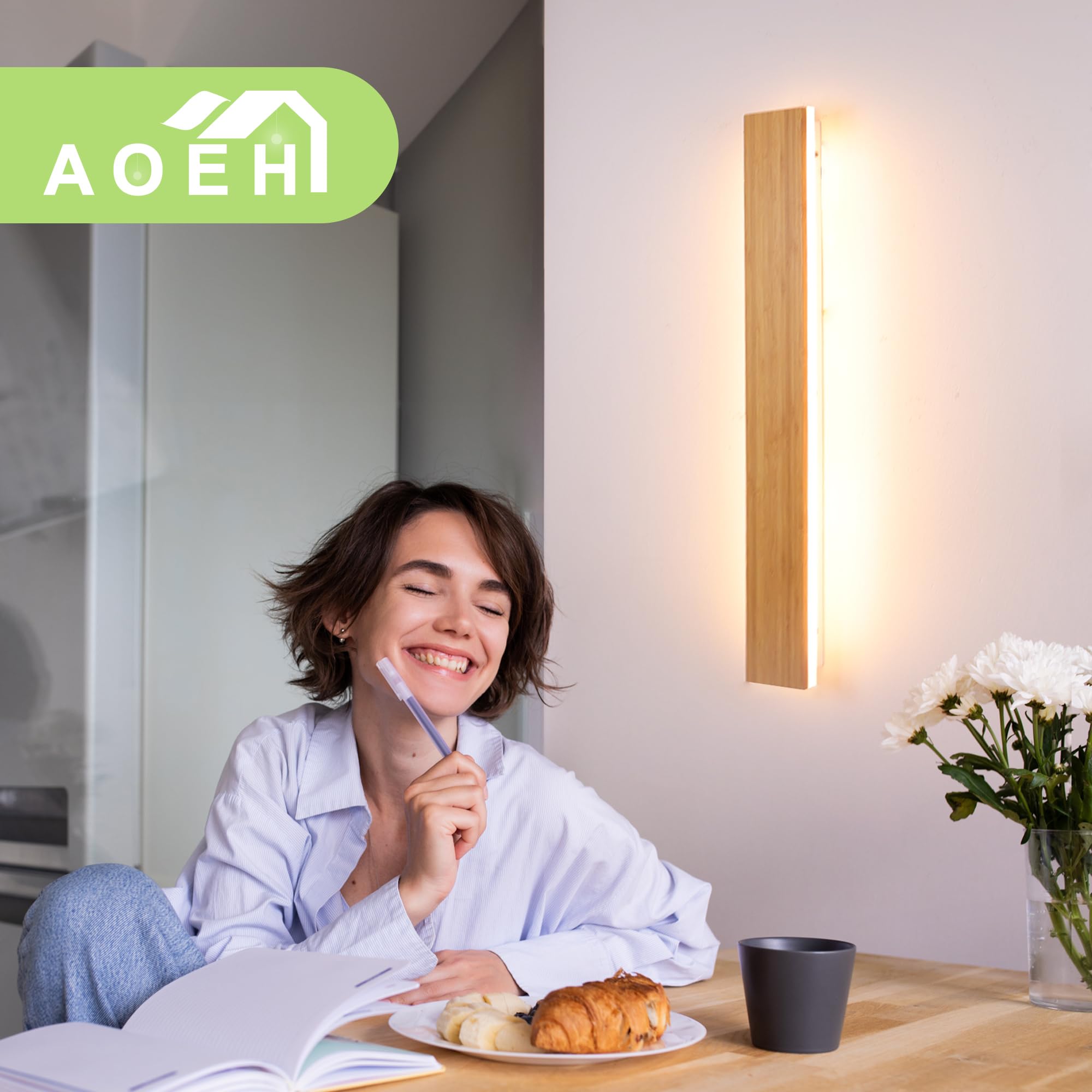 Apliques de Pared LED Lámpara de pared de madera para interiores Luces de pared de madera de bambú 24w Luces de pared 3000k Iluminación de pared moderna para dormitorio Sala de estar Pasillo,80cm