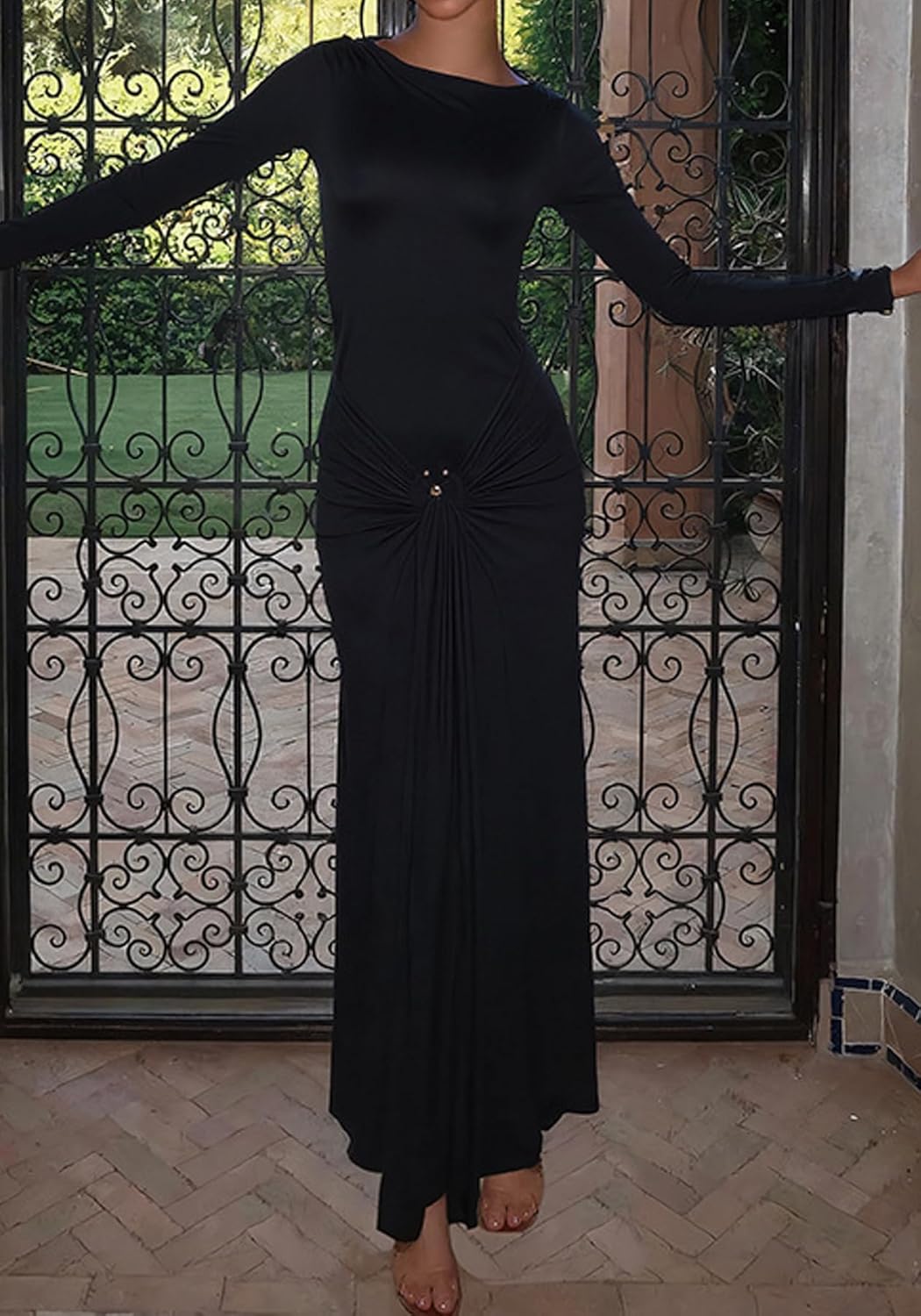 Vakkest Women's Bodycon Formal Maxi Dresses Long Sleeve Crewneck Elegant Wrap Tie Front Dress Wedding Guest Outfits - Image 5