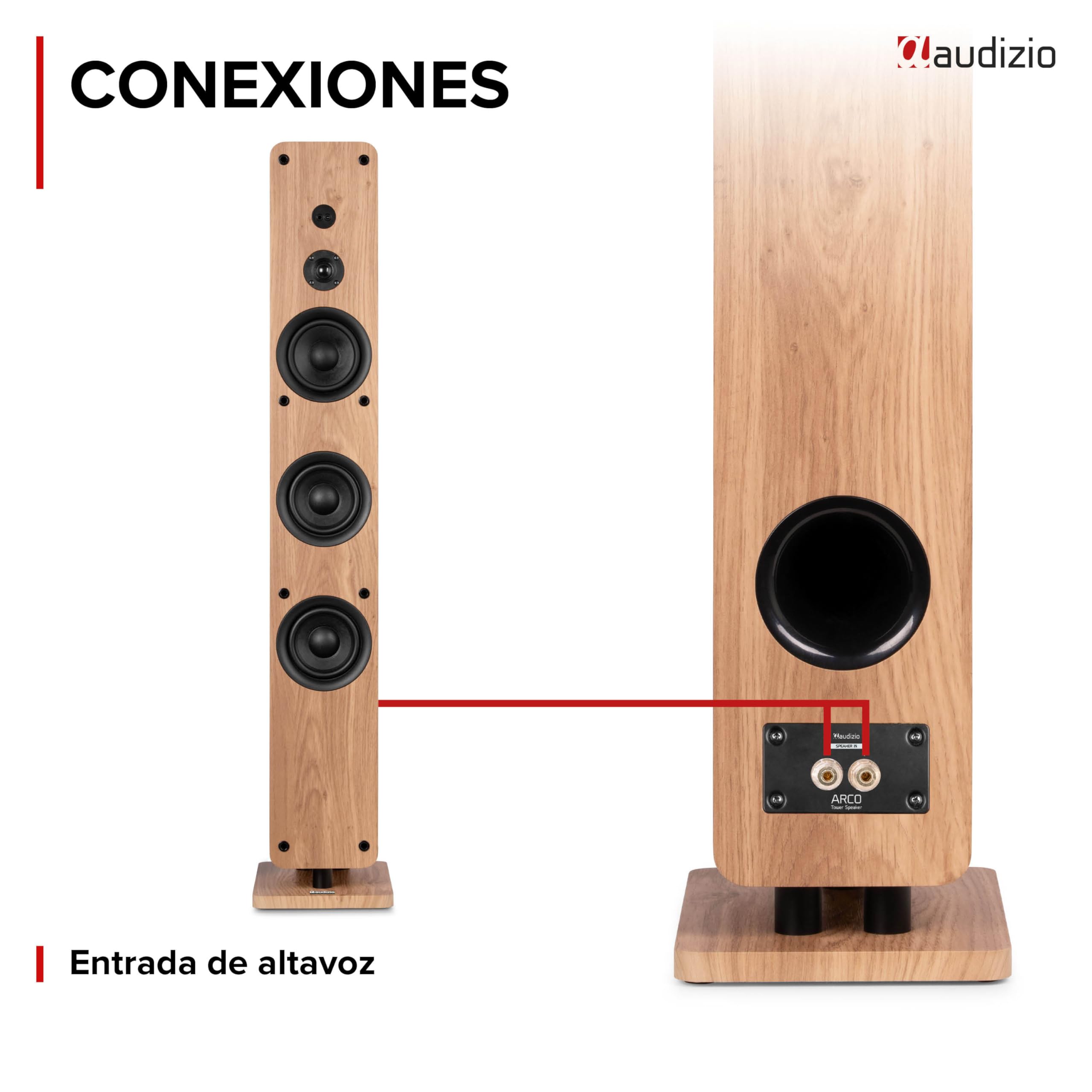 Audizio Arco – Pack de 2 Unidades – Altavoz de Torre pasivo HiFi de 160W, 3 woofers de 4" + Tweeter 1", Frontal extraíble, Ideal Alta fidelidad, Home Cinema y Tocadiscos, con Acabado en Madera Clara