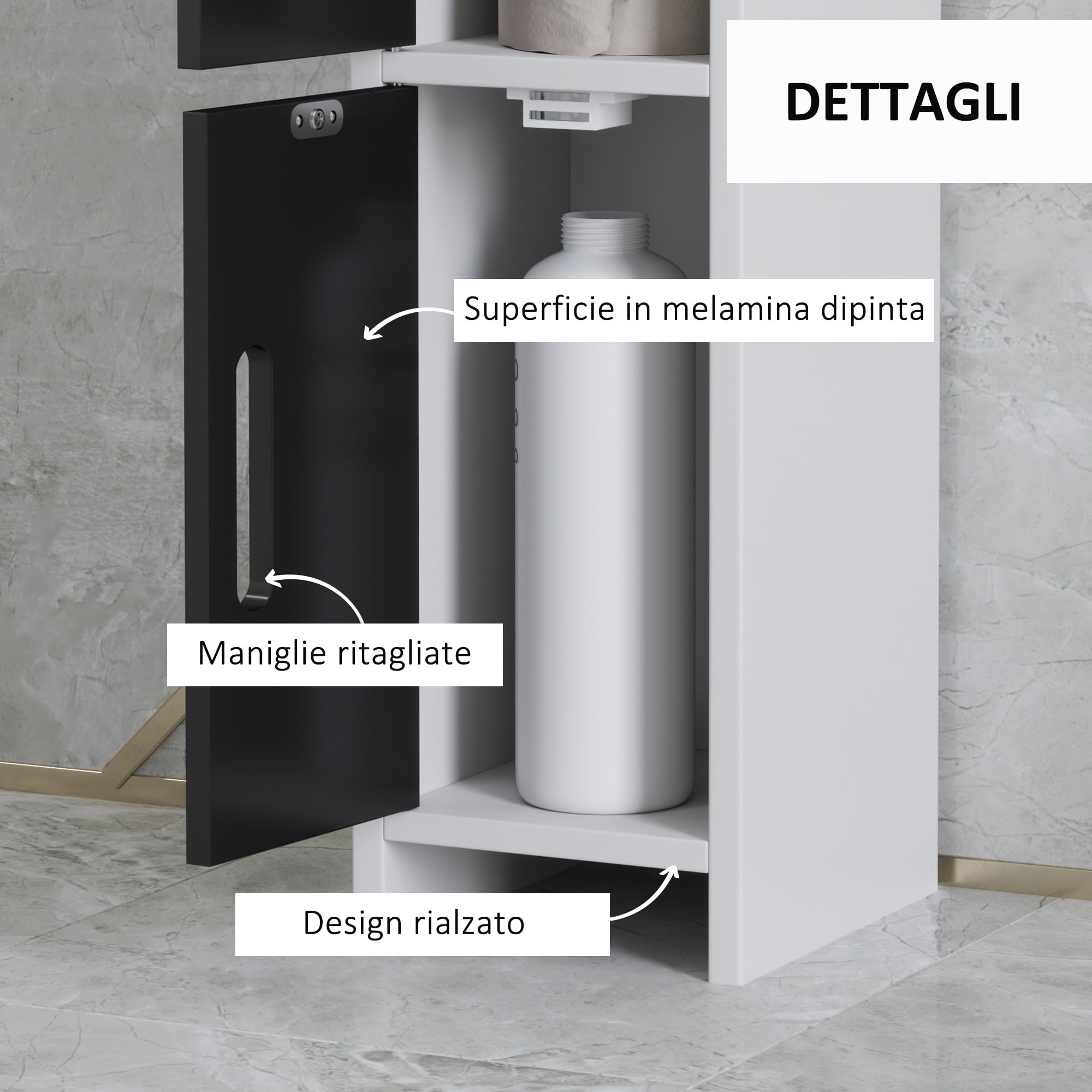 kleankin Mobiletto Bagno Salvaspazio a Colonna con 3 Mensole e 3 Armadietti, Colonna Bagno in Legno per Salotto, Soggiorno, Cucina, 15x17x120 cm, Bianco e Nero