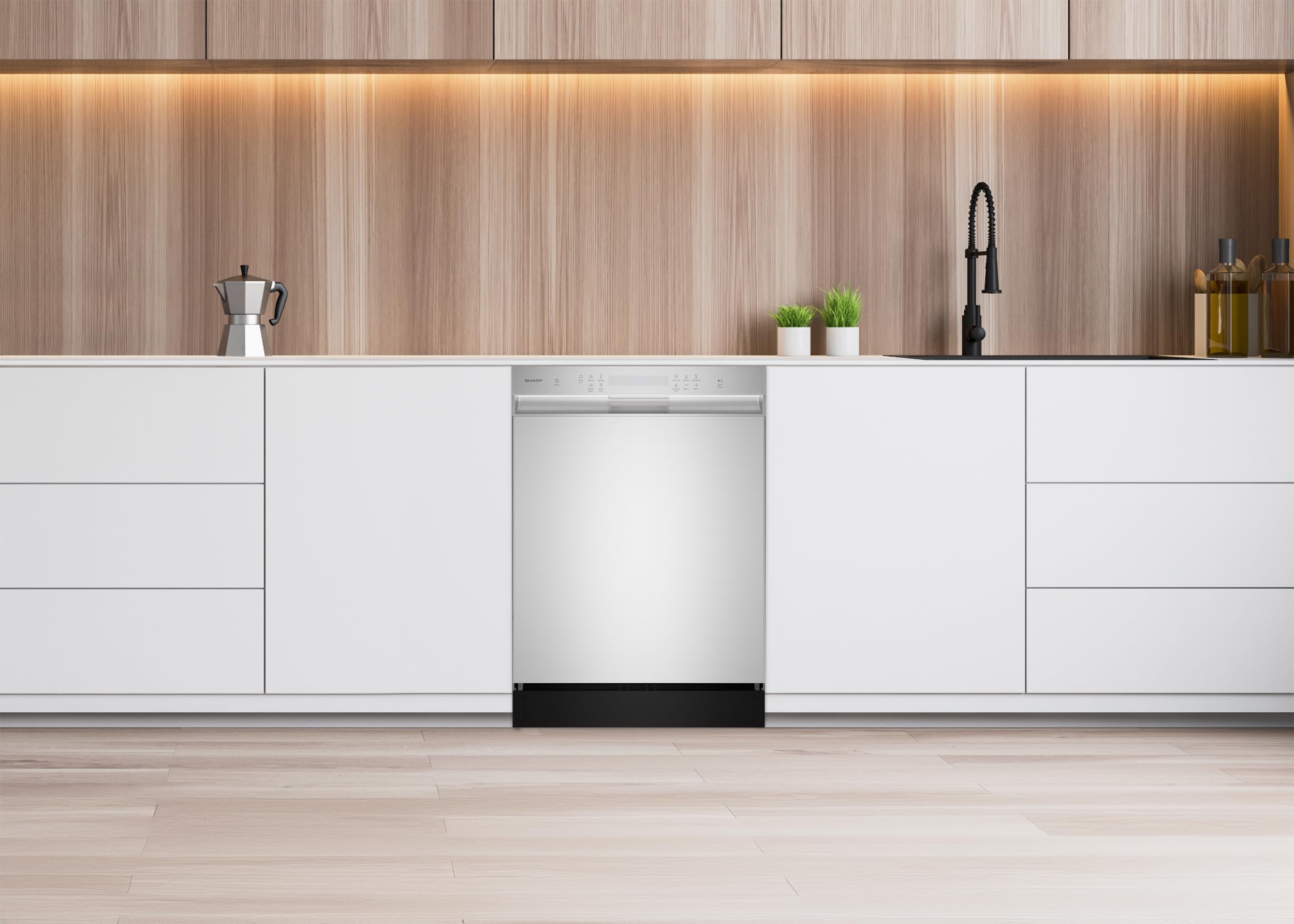 Sharp SDW6504MS Stainless Steel Dishwasher, 24-inch Pocket Handle, 52 dB, Hybrid Tub, 12 Place Settings, 5 Cycles, Heated Dry