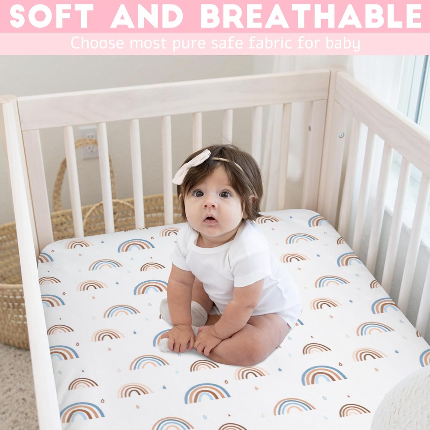 Rainbow Baby Crib Sheet 52''x28'' Cute Rainbow Drops Colorful Stretchy Fitted Crib Mattress Sheet for Boy Girl Bed Sheet for Standard Crib Toddler Mattresses