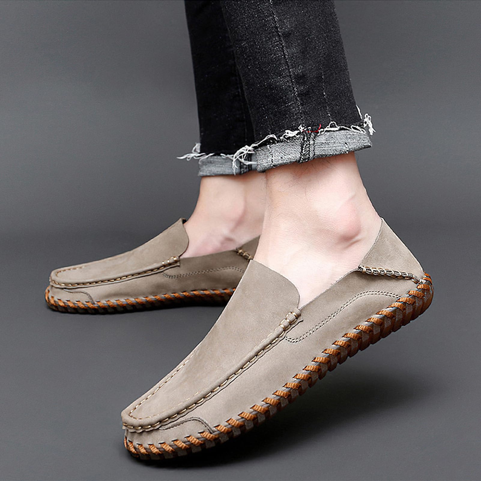 rismart Herren Slipper Mokassin Schuhe für Autofahrer Leder Lässig Schlüpfen Hausschuhe Flats