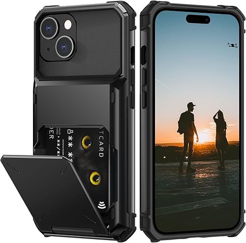 Nvollnoe Funda compatible con iPhone 15 con tarjetero almacena 5 tarjetas Funda de doble capa resistente a prueba de golpes con ranura oculta para