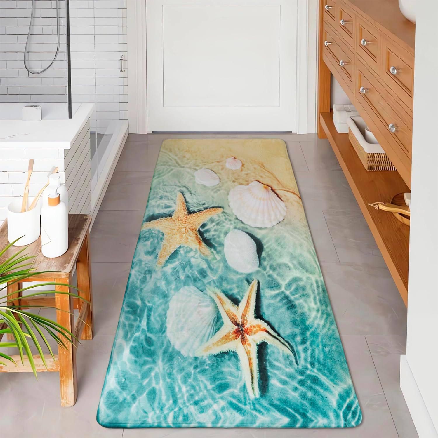 Bathroom Runner Rug 2x6, Thick Anti-Fatigue Non-Slip Memory Foam Kitchen Runner Mat, Ocean Starfish & Sea Shells Printed, Absorbent Washable Cushioned Carpet for Double Vanity, Shower,Laundry