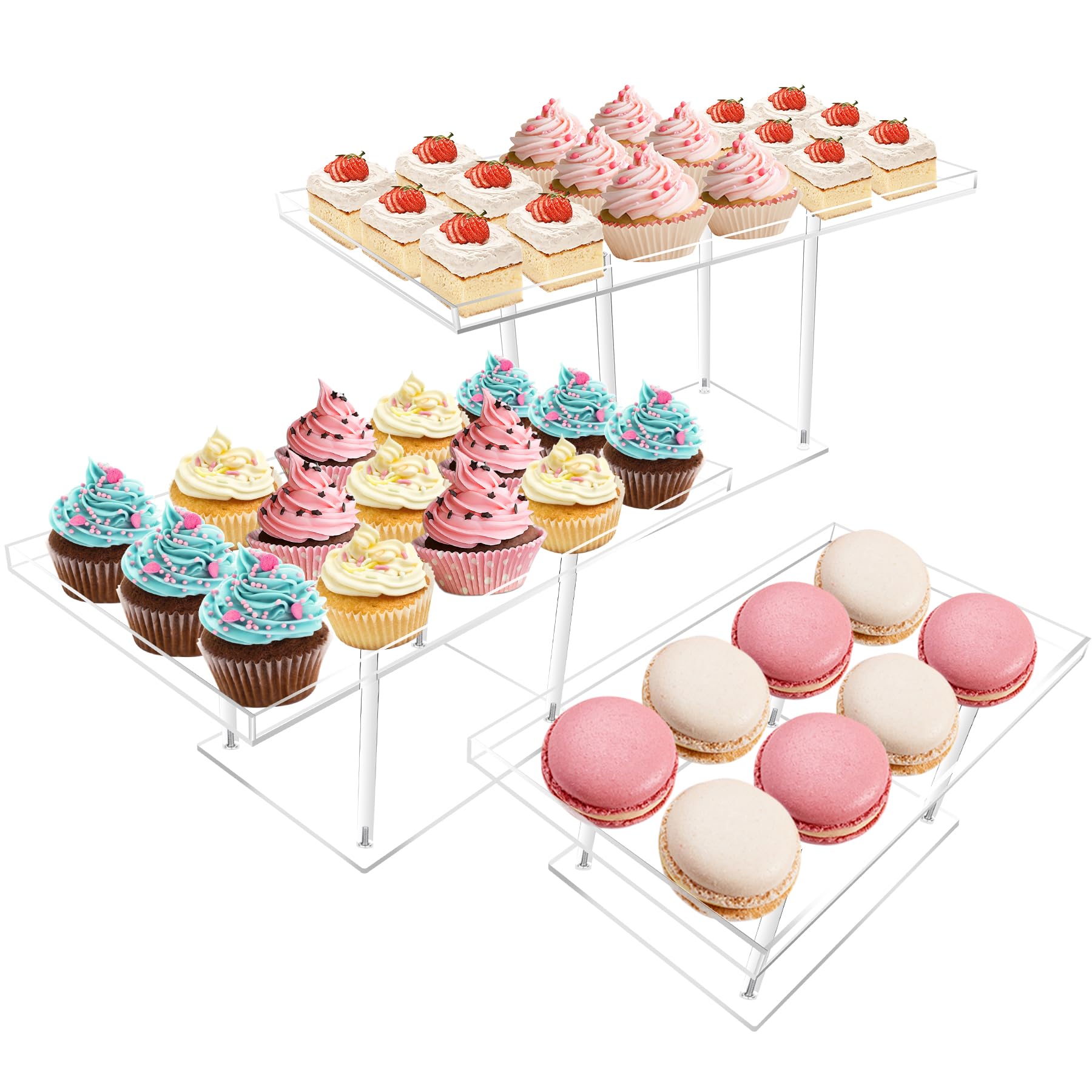 Photo 1 of 3 Pack Clear Acrylic Dessert Table Display Set, Cupcake Stand Buffet Risers for Cupcakes Dessert Pastry Food Treat Tier Serving Tray Stand for Wedding Birthday Party Baby Shower (3 Sets)