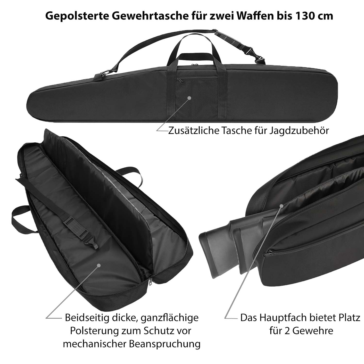 Doppel-Langwaffenfutteral | Hochwertige Waffentasche für 2 Langwaffen/Gewehre bis 130 cm – mit Außentaschen und verstellbarem Tragegurt, abschließbar & gepolstert
