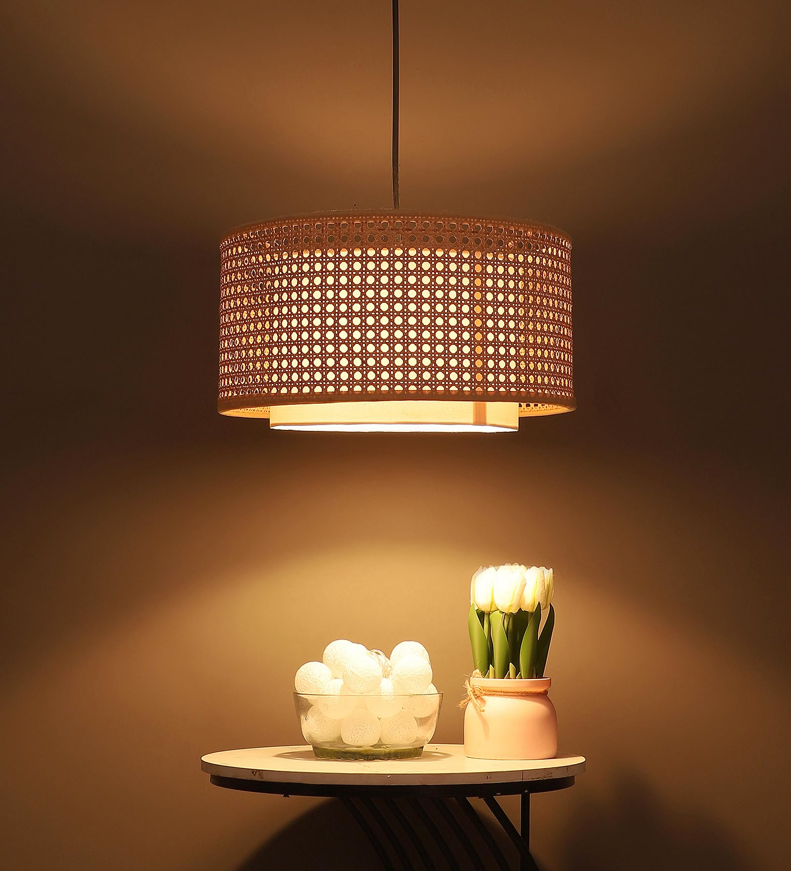 AKWAY Bamboo lamp for Living Room | Rattan Hanging lamp | Cane Pendant Light for Home Decoration (14" Dia x 7" Height) (Bulb not Included)