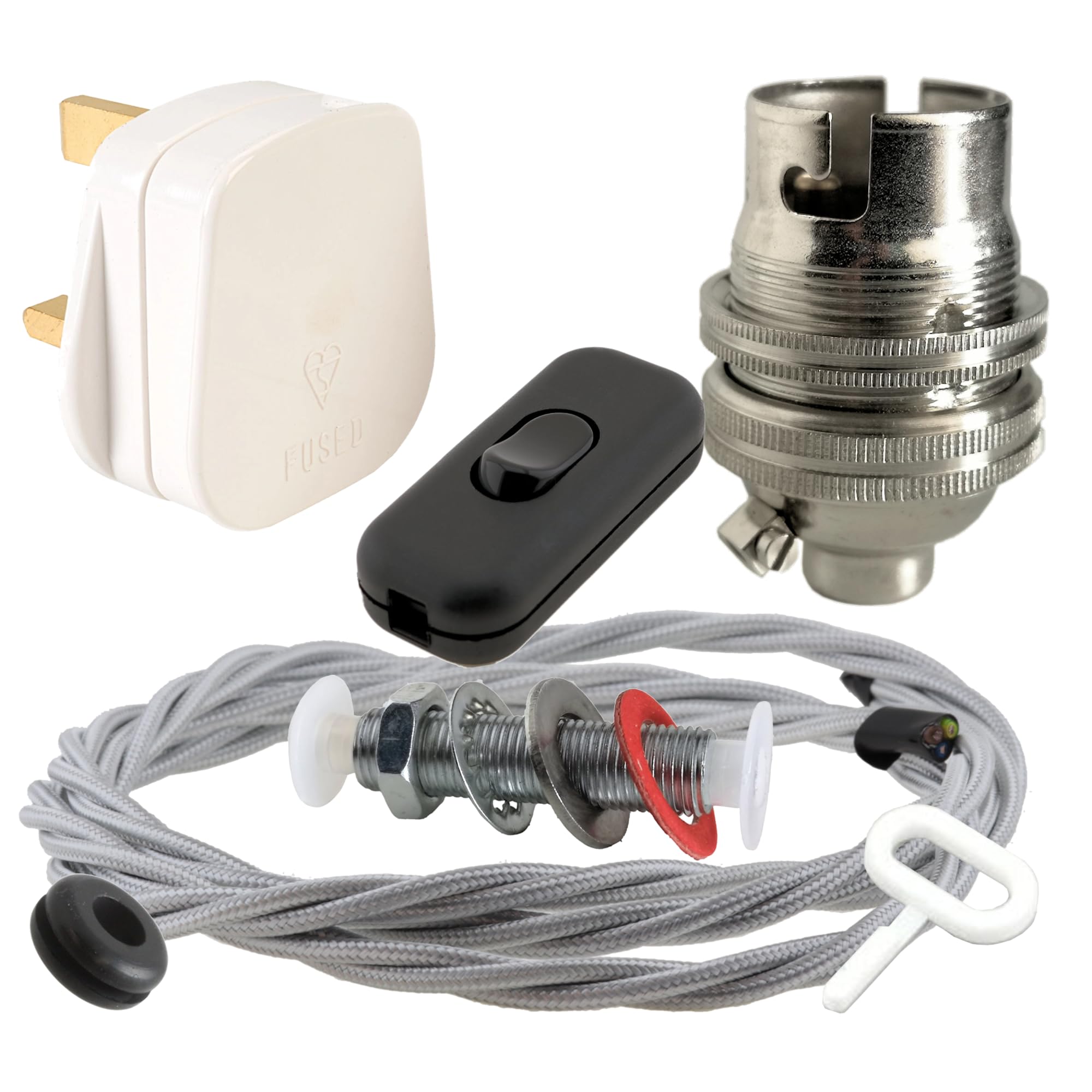Art Deco Emporium Lamp Repair and Servicing Kit|White Plug|Silver Flex|Black Switch|B22 Chrome Finish Lamp Holder