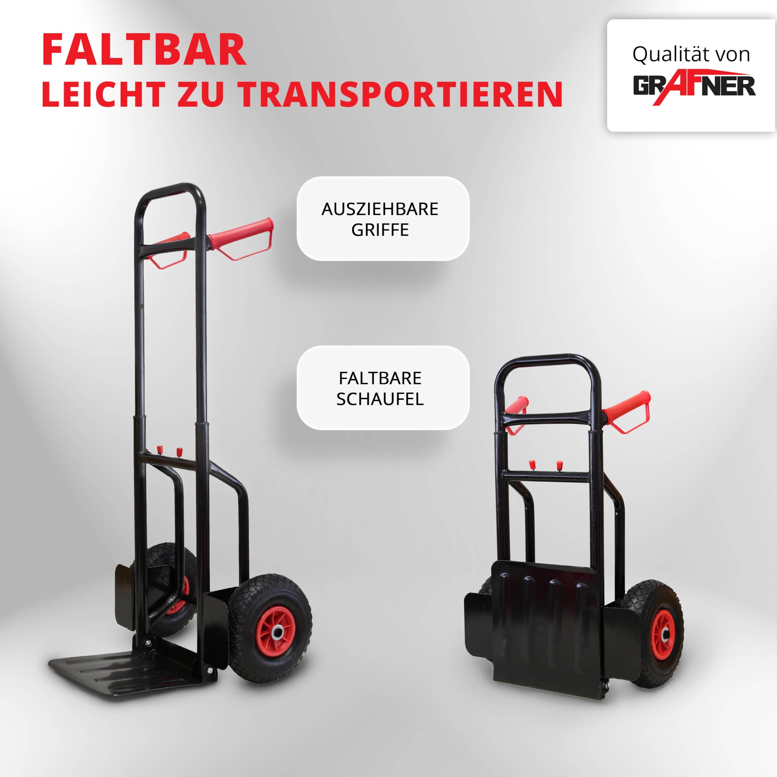 Grafner Sackkarre klappbar, Vollgummireifen, Belastbarkeit 200kg, PU Reifen, Haltegriffe und Schutzblech, Stahl Transportkarre Stapelkarre Transportwagen Transportroller Treppensackkarre ausziehbar