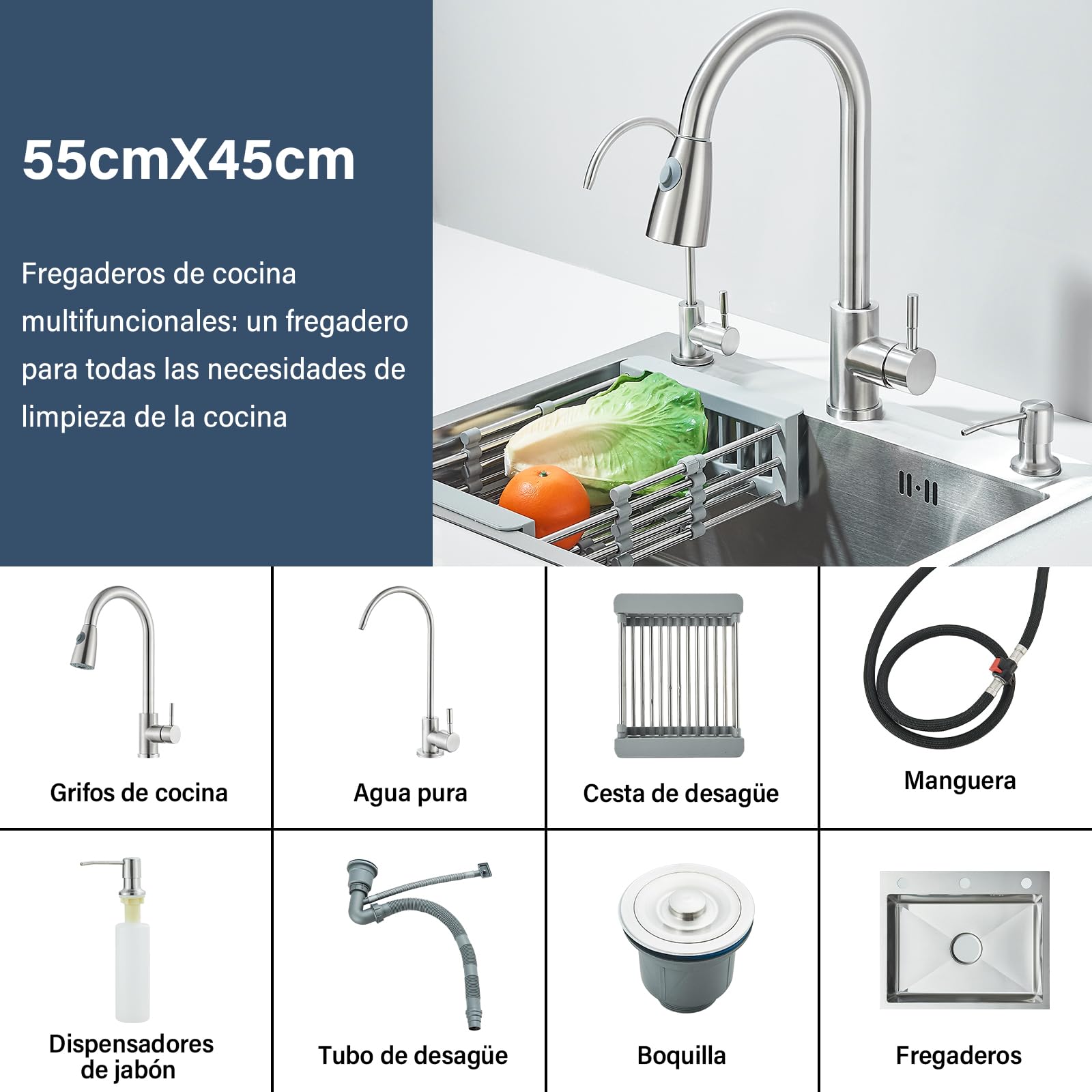 Fregadero de Cocina de Acero Inoxidable con Grifo Extraíble, Dispensador de Agua Pura y Jabón Líquido, Fregadero de Cocina de Acero Inoxidable Cepillado (55 cm × 45 cm)