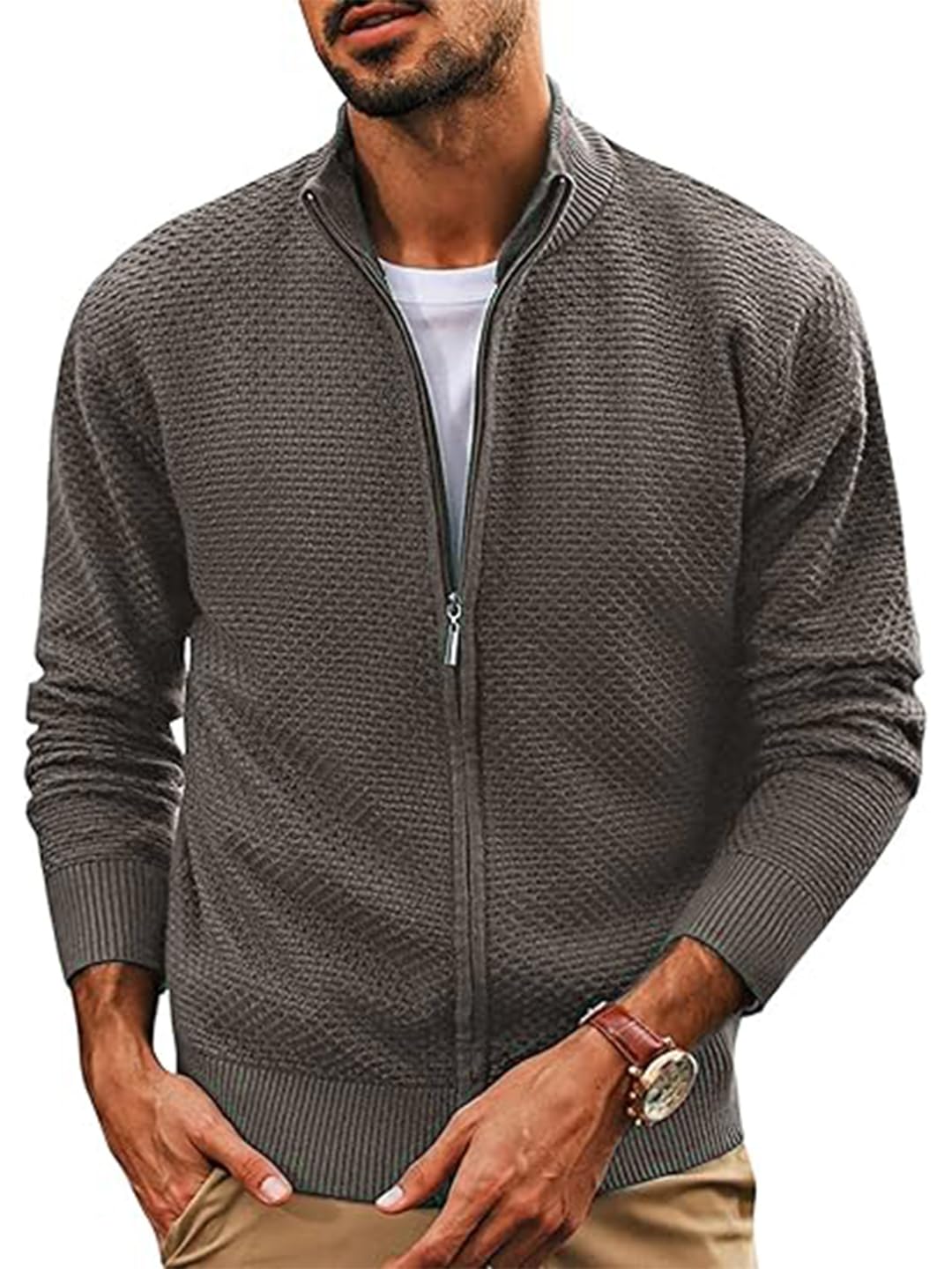 Men's Woolen Full Sleeve High Neck Full Zipper Sweater for Men, Waffle Knitted Cardigan for Men