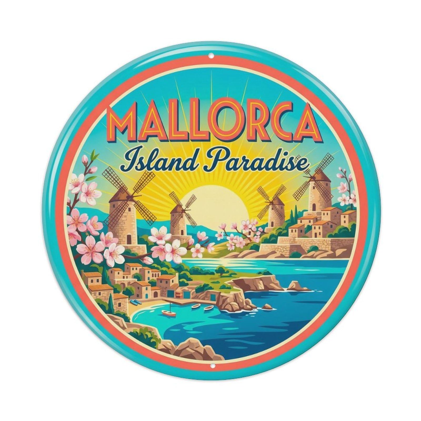 Vintage Travel Balearic Island Spain Metal Tin Sign Plaque Wall Decor for Cafe, Club Bar, Office, Home Garden Round Metal Poster 8x8Inch