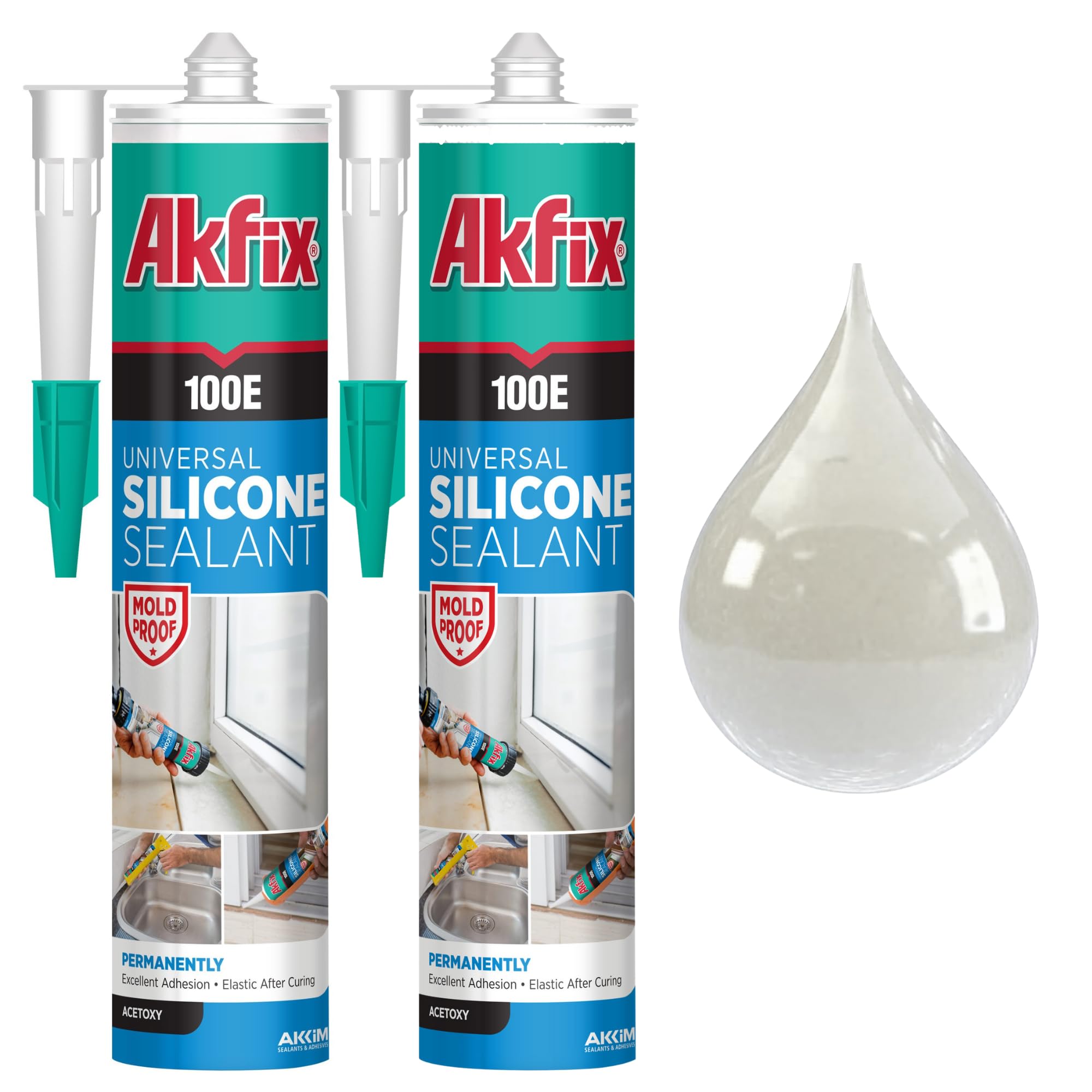 Akfix 100E RTV Silicone Caulk Clear (2x10.1 fl.oz.) - 100% Silicone Sealant Waterproof for Kitchen and Bathroom, Shower, Toilet, Sink, Window and Door, No Discoloring | Clear, 2 Pack
