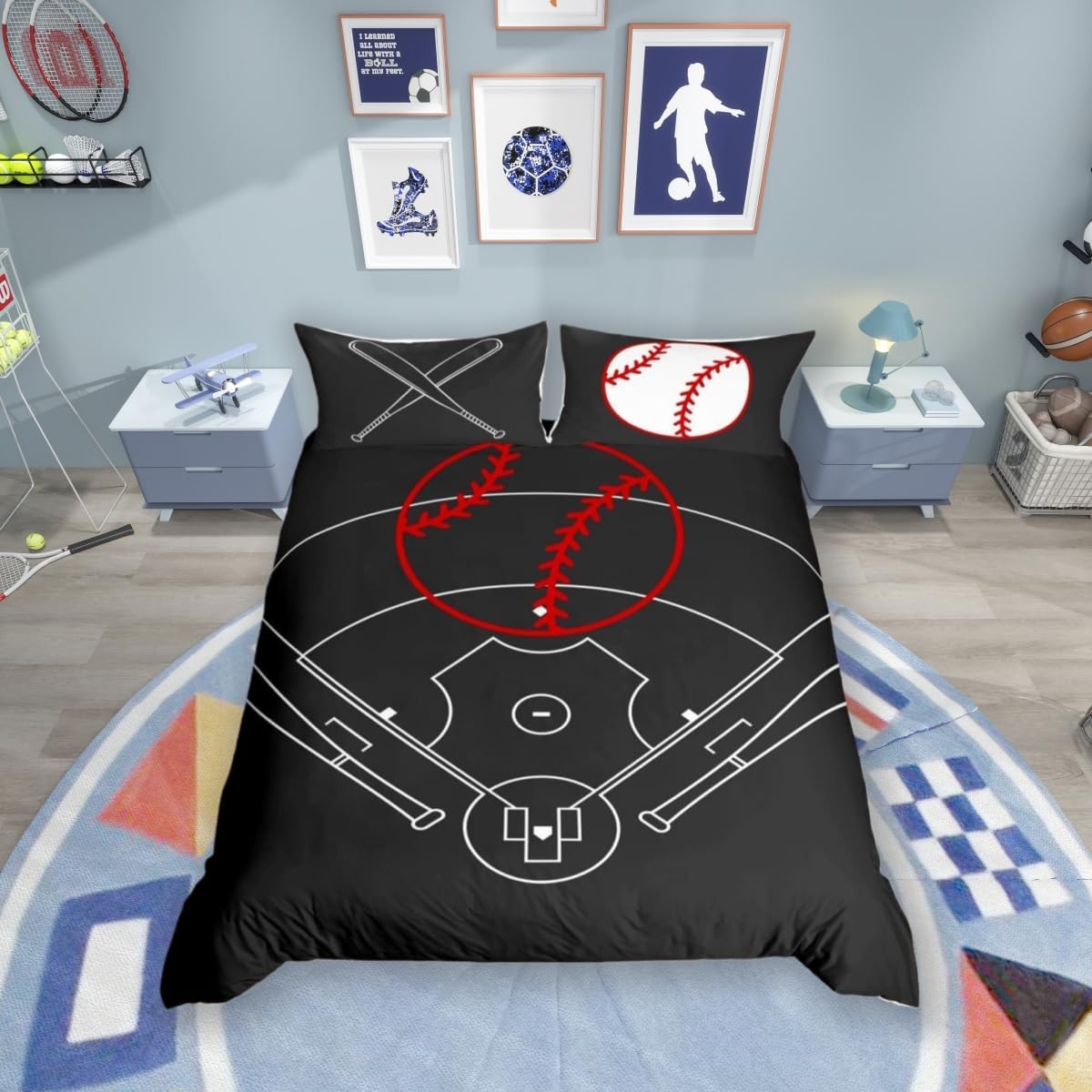 Baseball Field Print Duvet Cover Single Size,Boys Ball Sports Games Themed Comforter Cover for Adults Kids Bedroom Decor,Red Bat Sporting Equipment Soft Bedding Set 1 Pillowcase,No Comforter