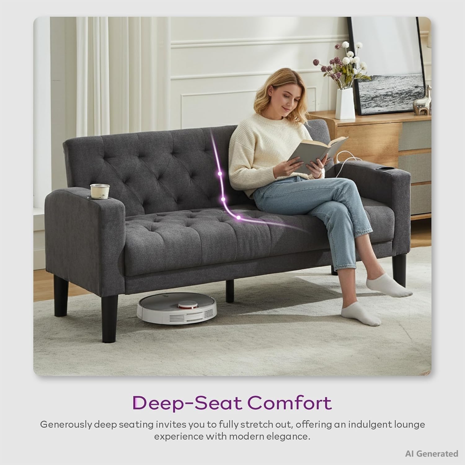 TYBOATLE 62" W Loveseat Sofa w/ 2 USB Charger Ports and 2 Cupholders | Mid-Century Modern Tufted Linen Fabric Small Love Seat Couches for Compact Living Room, Bedroom, Apartment, Dorm