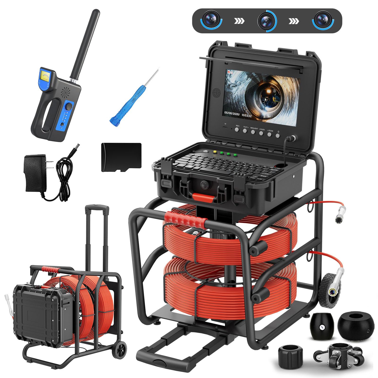 10" IPS Drain Inspection Camera,DVR Industrial Endoscope,1080P HD Pipe Detector,18mm & 23mm Probes,Built-in Self-Balancing 512HZ Transmitter,512HZ Locator Receiver,5mm & 7mm Cables,Pip(Size:50M/164FT)