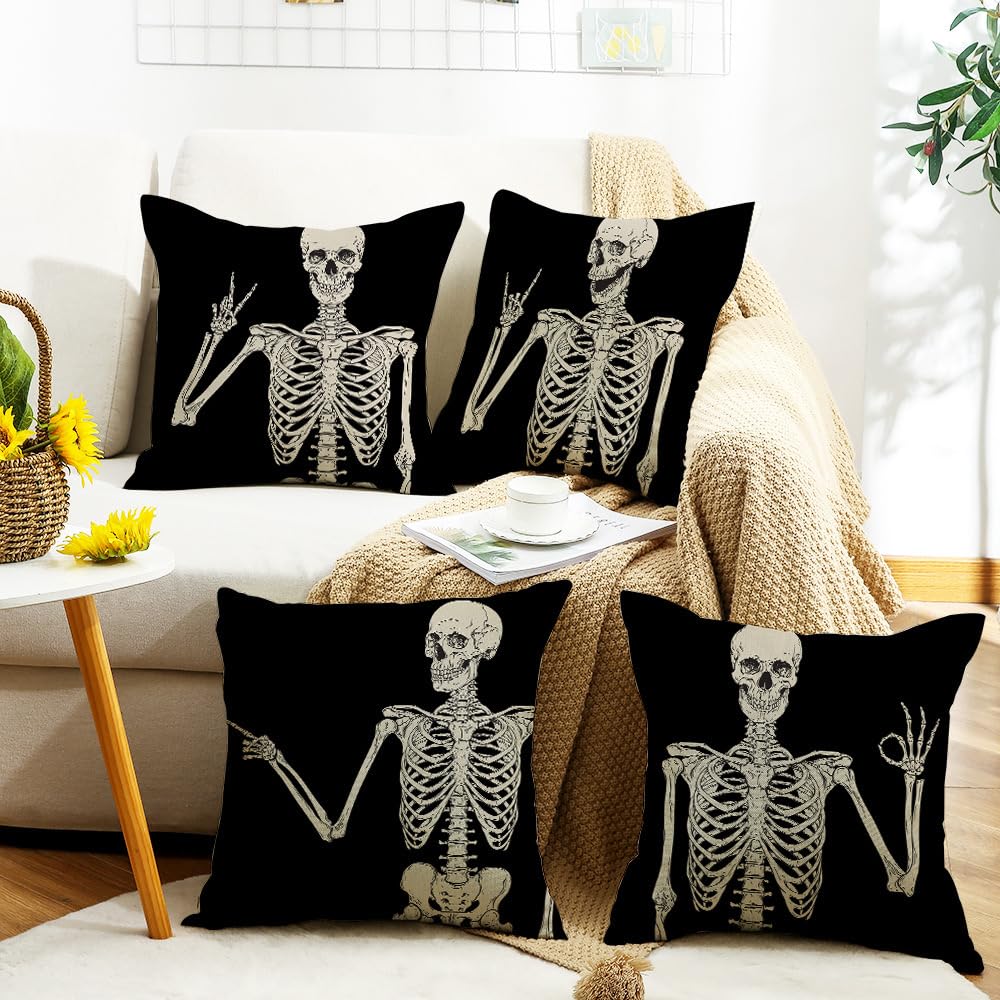 PRK 14 4 pcs Halloween Black Cushion Covers Skeleton Bones Gothic Pillow Throws for Livingroom Bedroom Couples Sofa Horror Scary Pillowcase Set 45 x 45cm - Image 2