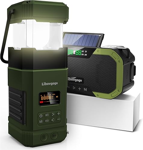 Libovgogo DF-585 - Linterna LED de emergencia para acampar, altavoz Bluetooth estéreo impermeable IPX5, radio de alerta meteorológica NOAA con