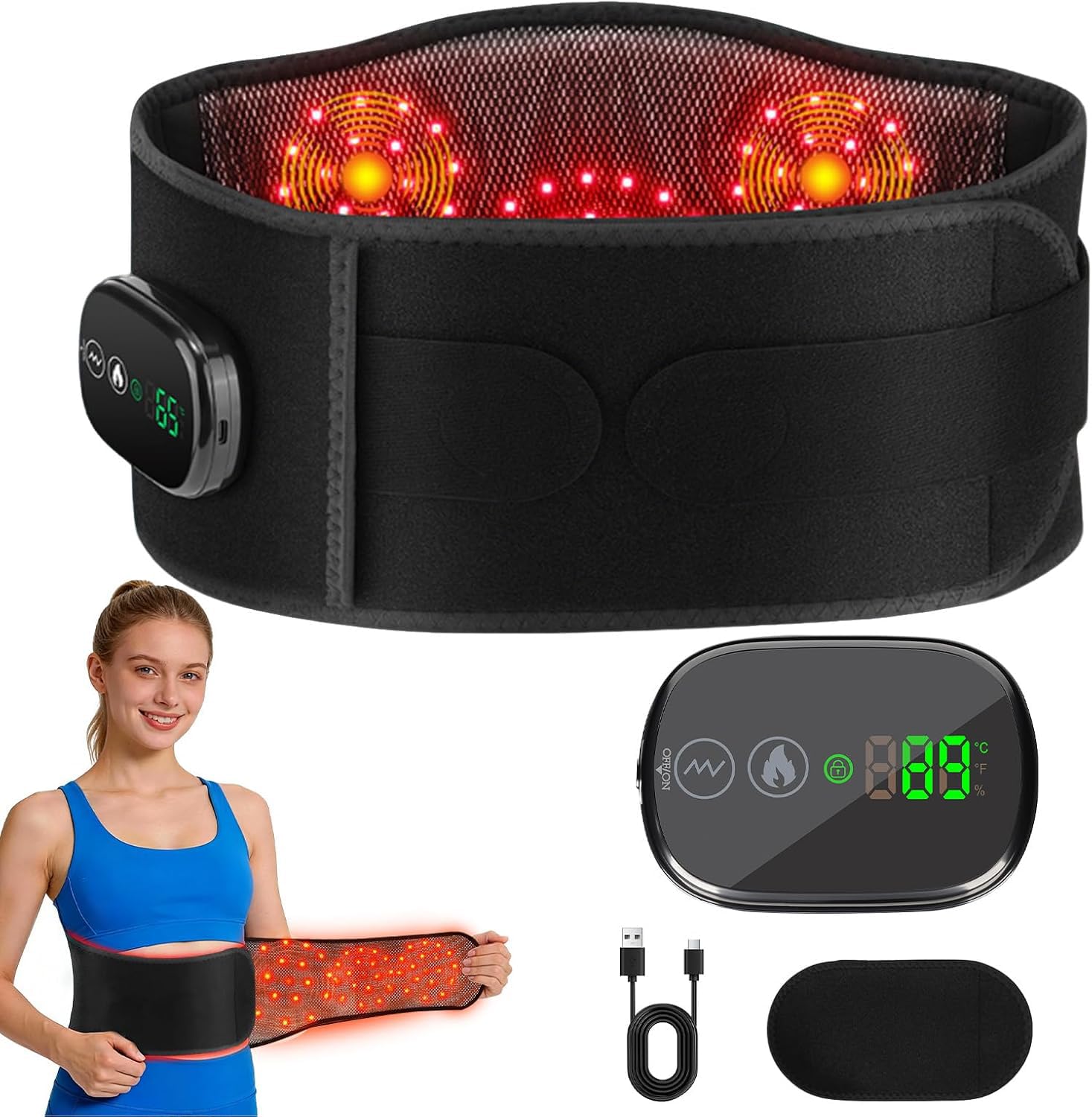 Longzhuo Cintura terapeutica a luce rossa con massaggio termico e vibrazione, 5 modalità di temperatura e 5 modalità, 5000 mAh, cuscinetto riscaldante portatile per schiena, spalle, addome, sollievo