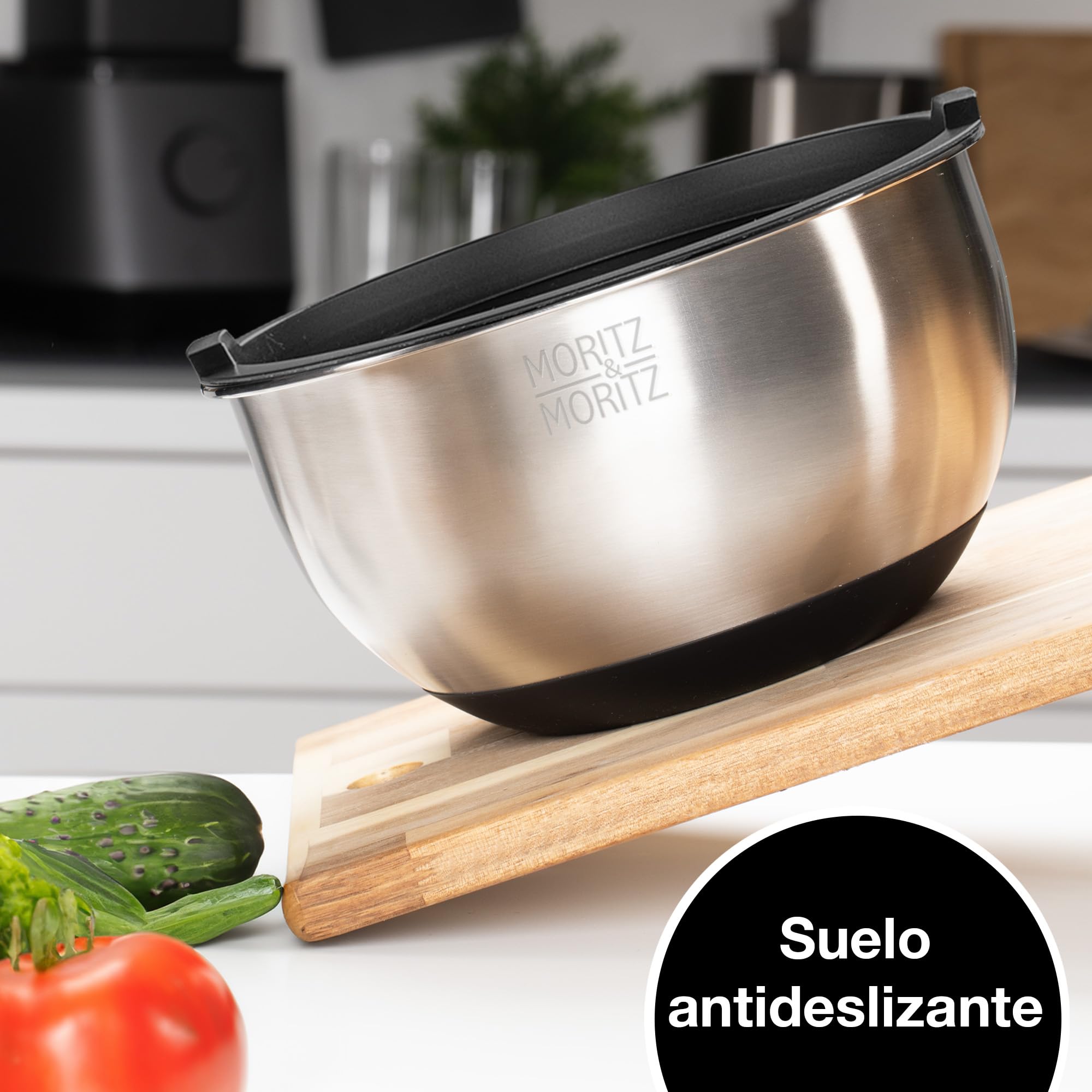 Moritz & Moritz Set de 5 Cuencos Acero Inoxidable con Tapas – Set Cuencos Apilables Antideslizantes para Mezclar, Servir y Hornear, Cuenco Ensalada, Cuencos de Cocina Resistentes para Uso Diario