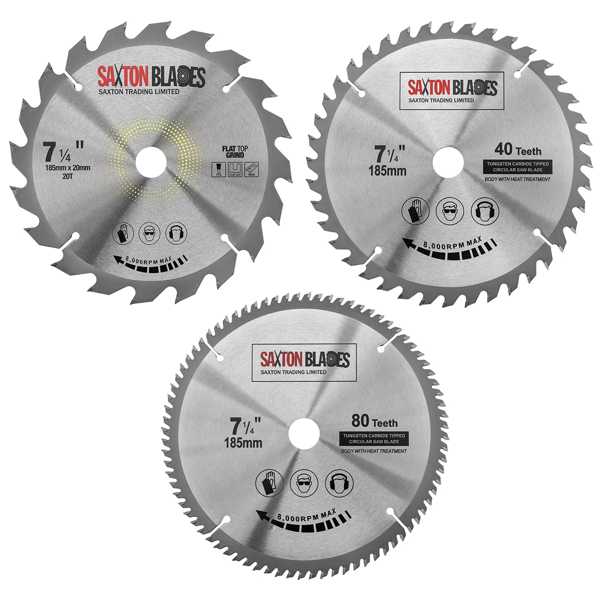 TCT185MXB20B Saxton TCT - Hojas de sierra circular, 185 mm x 20, 40 y 80 T x 20 mm (anillo de 16 mm), compatible con Evolution Bosch, etc. (paquete de 3)