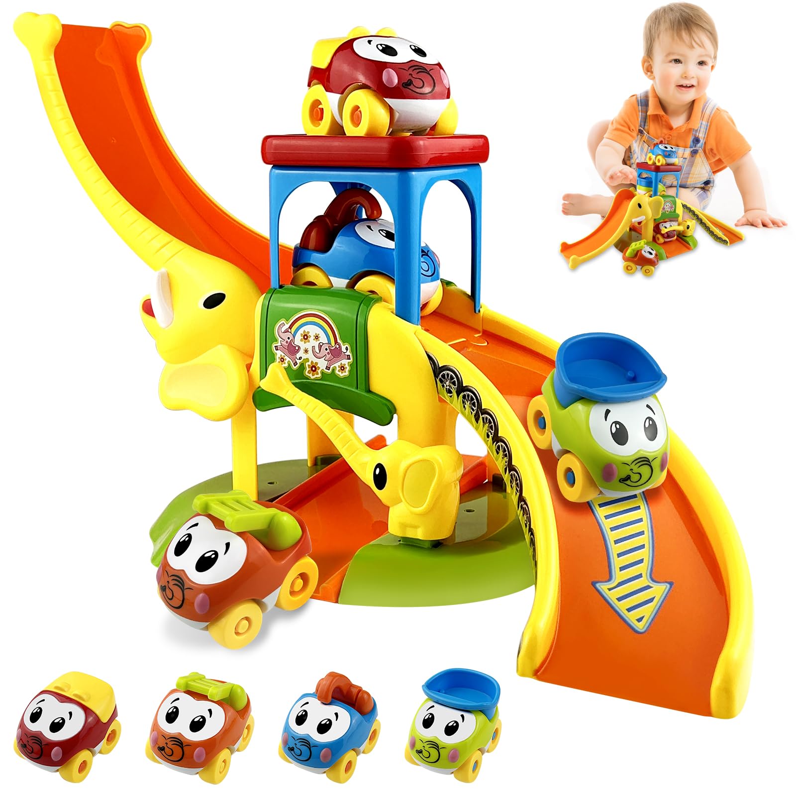 GZLCEU Pista de carreras para niños, multifuncional, pista de carreras de elefantes, con 4 coches de juguete para niños de 1, 2, 3 años, niños, niñas, rompecabezas, regalos