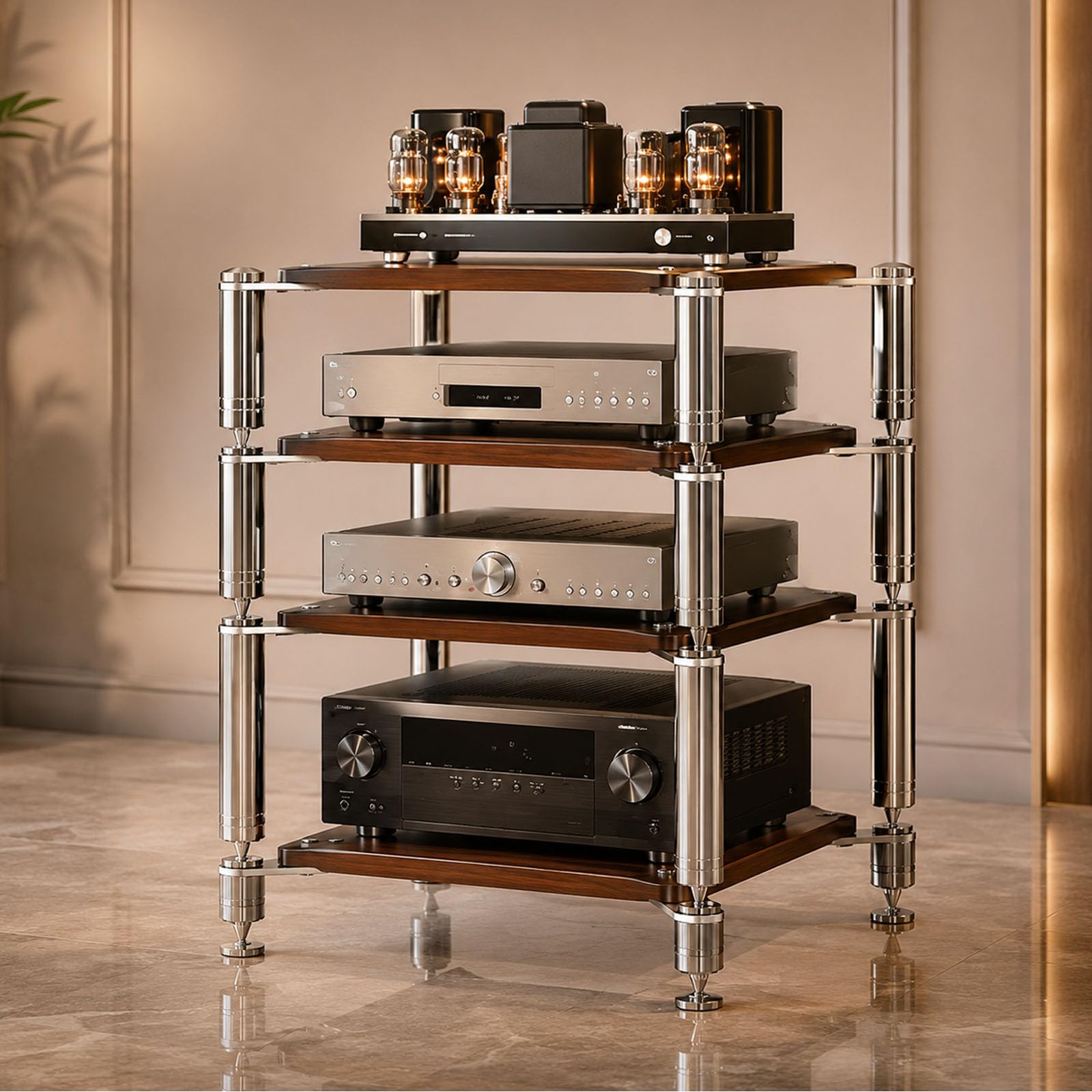 Heavy Duty AV Stand, Open Design’s Audio Racks with Shock-Absorbing Foot pegs, Strong Load-Bearing Capacity Audio Component Rack, for Offices and Recording Studios (Black Walnut, 4-Tier)