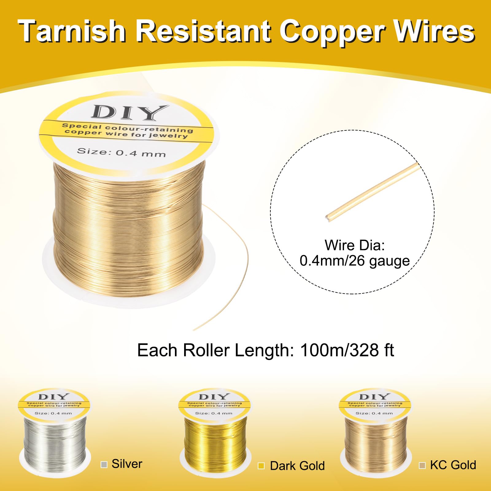 sourcing map 0.4mm/26 Gauge Copper Wire for Jewelry Making, 1 Roll Craft Tarnish Resistant Beading Wire for Jewelry Making Supplies DIY (Bright Gold)-100m - Image 2