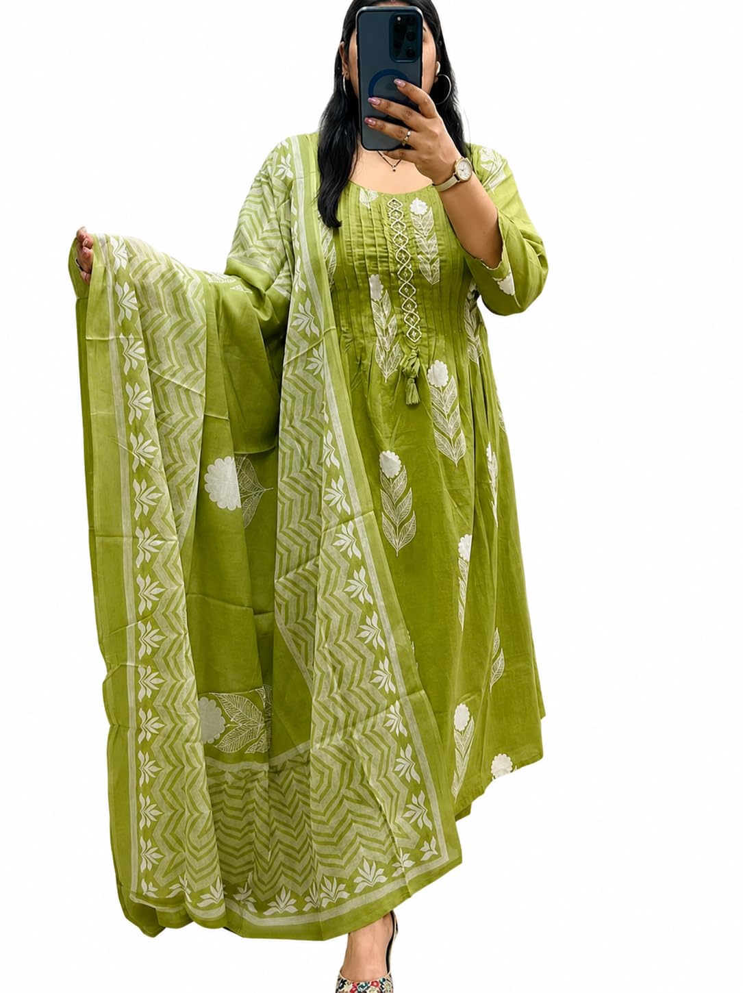 Women’s Olive Green Cotton Printed Kurti Set with Dupatta – Ethnic A-Line Kurta with Palazzo Pants – Festive & Casual Wear Salwar Suit for Women-picture-54